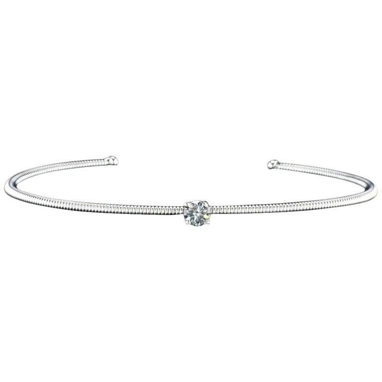 Round Cut 14K White Gold Spring Bangle Bracelet with a Center Diamond For Sale