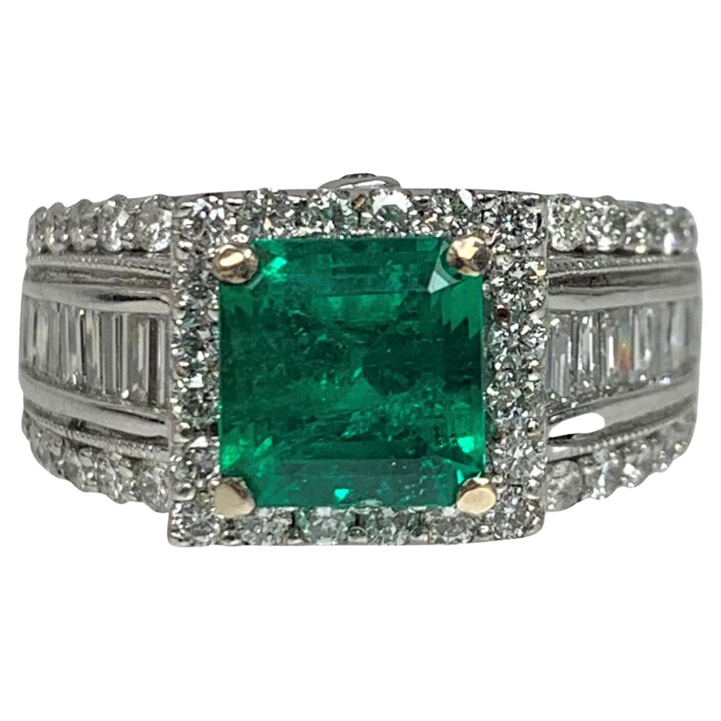 14K White Gold Square Cut Emerald Diamond Ring