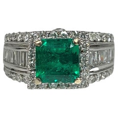 Retro 14K White Gold Square Cut Emerald Diamond Ring