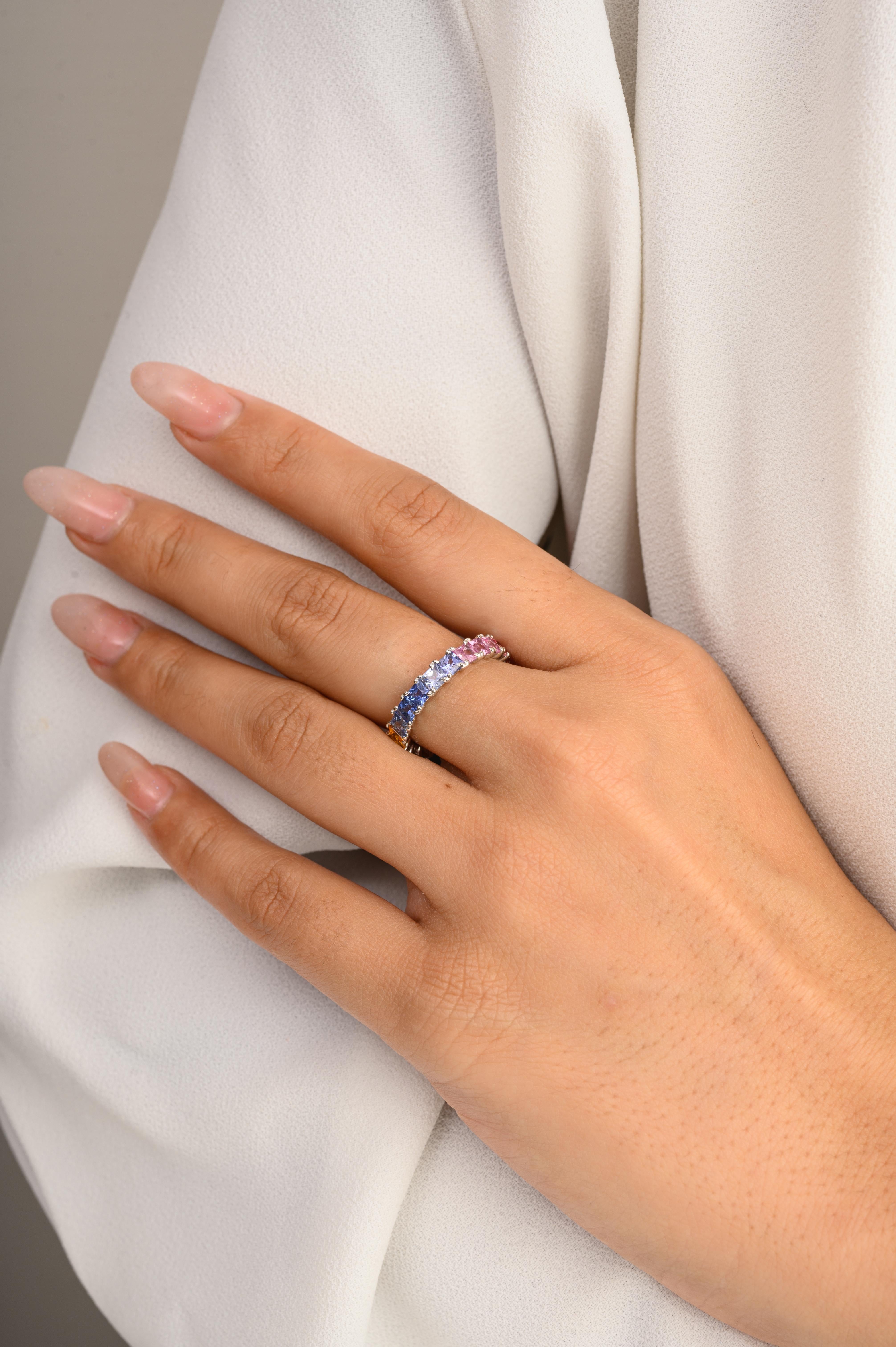 For Sale:  14k White Gold Square Cut Multi Sapphire Eternity Band Ring Gift for Girlfriend 2