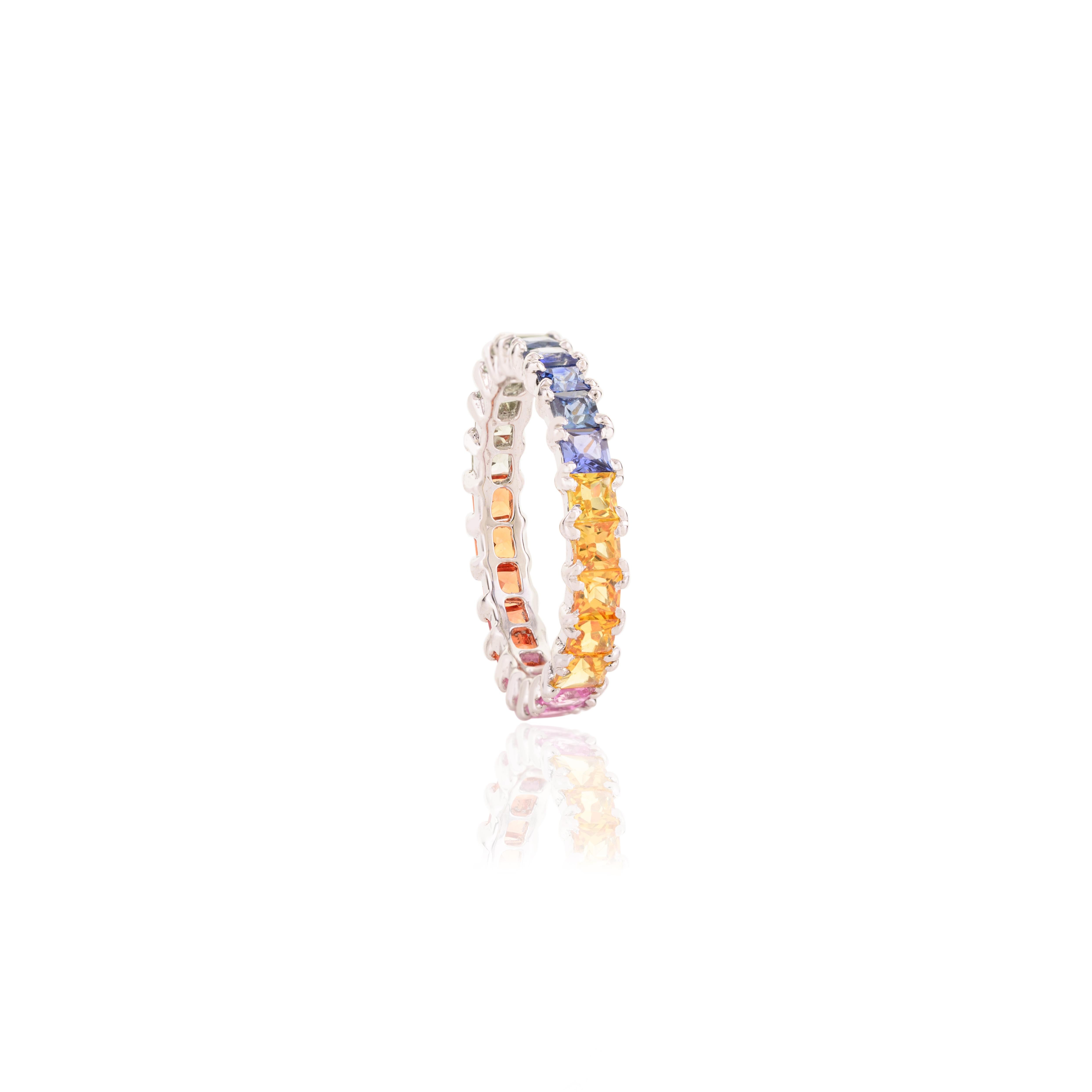 For Sale:  14k White Gold Square Cut Multi Sapphire Eternity Band Ring Gift for Girlfriend 3