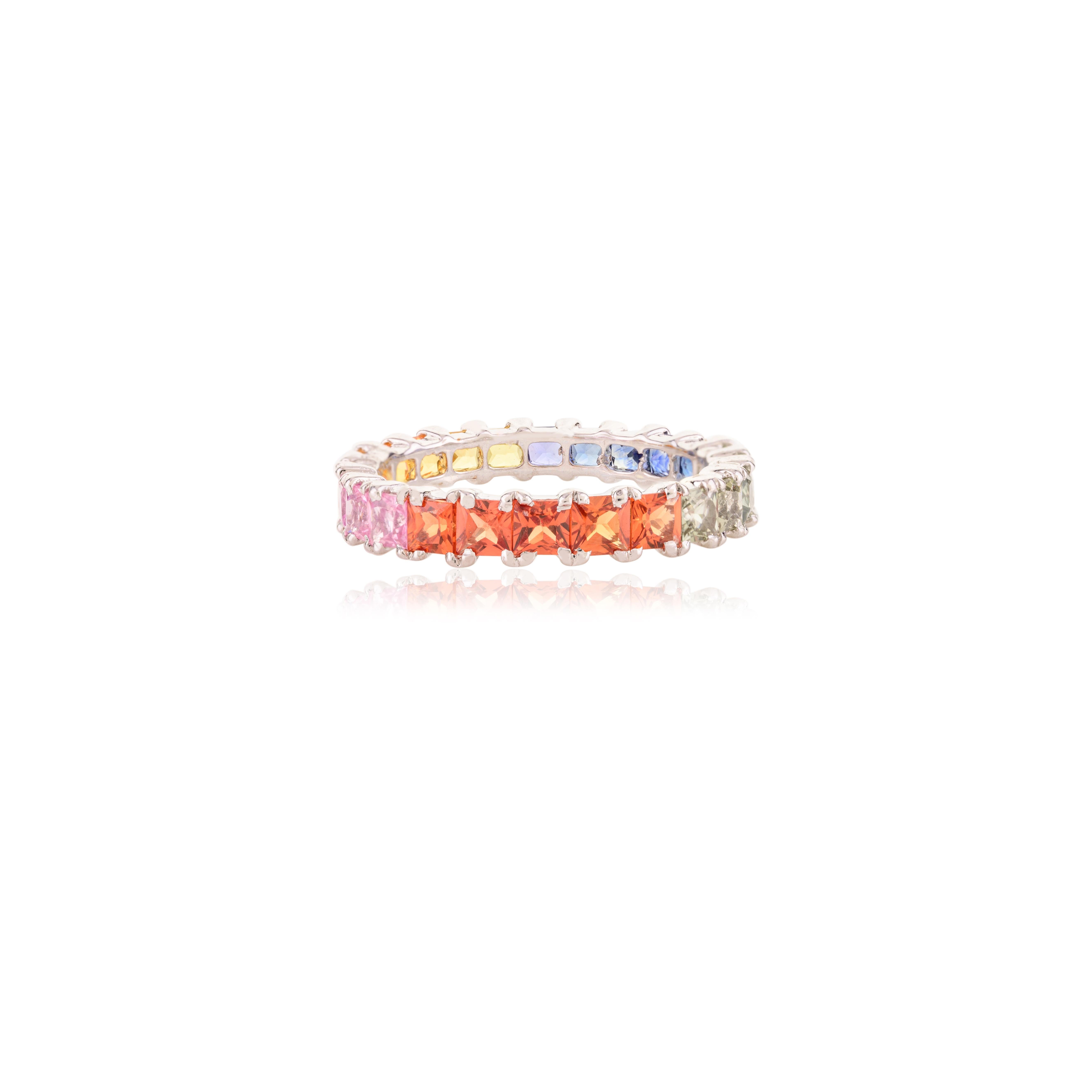For Sale:  14k White Gold Square Cut Multi Sapphire Eternity Band Ring Gift for Girlfriend 4
