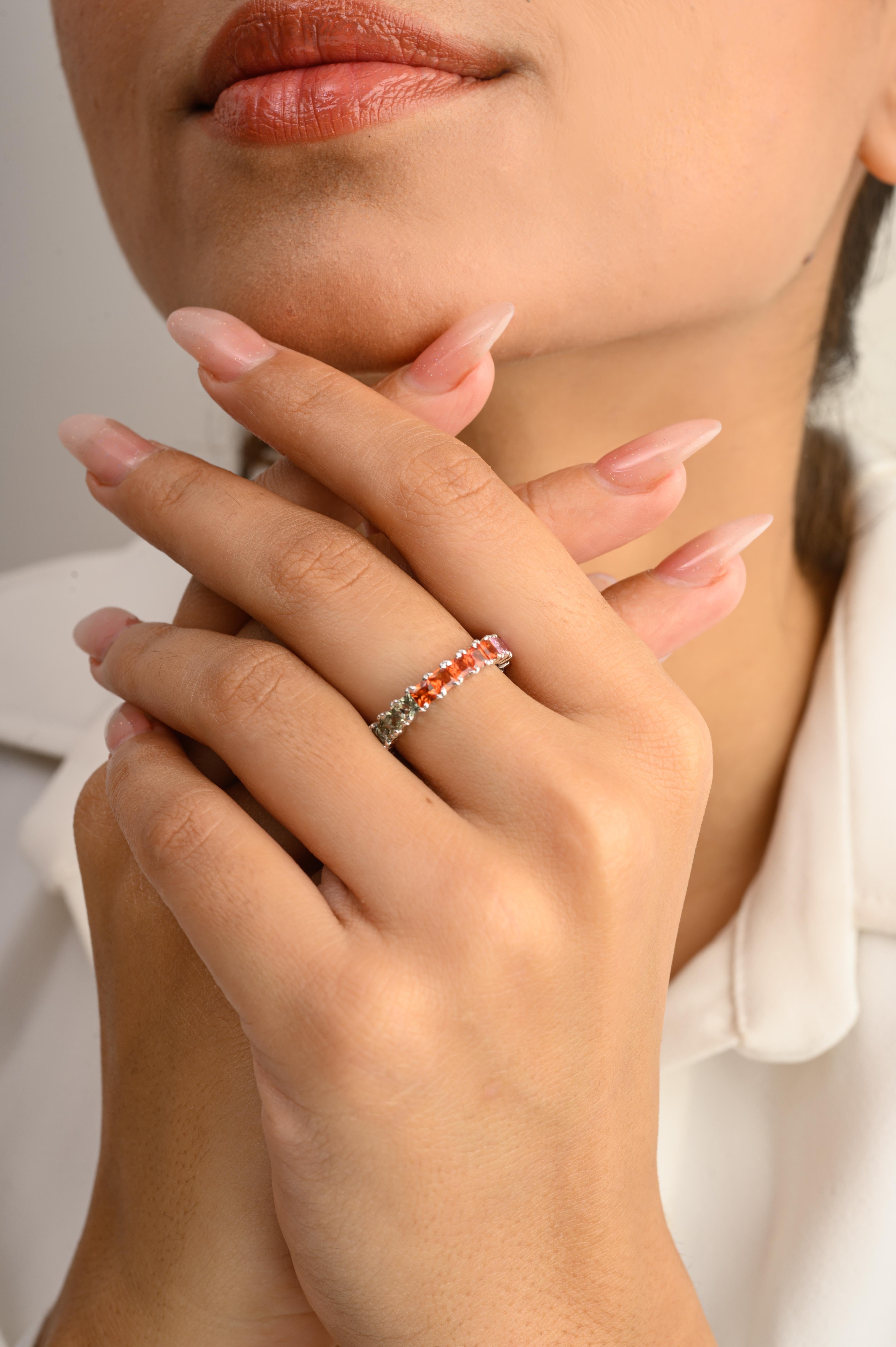 For Sale:  14k White Gold Square Cut Multi Sapphire Eternity Band Ring Gift for Girlfriend 5