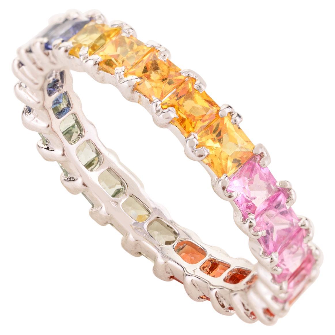 14k White Gold Square Cut Multi Sapphire Eternity Band Ring Gift for Girlfriend