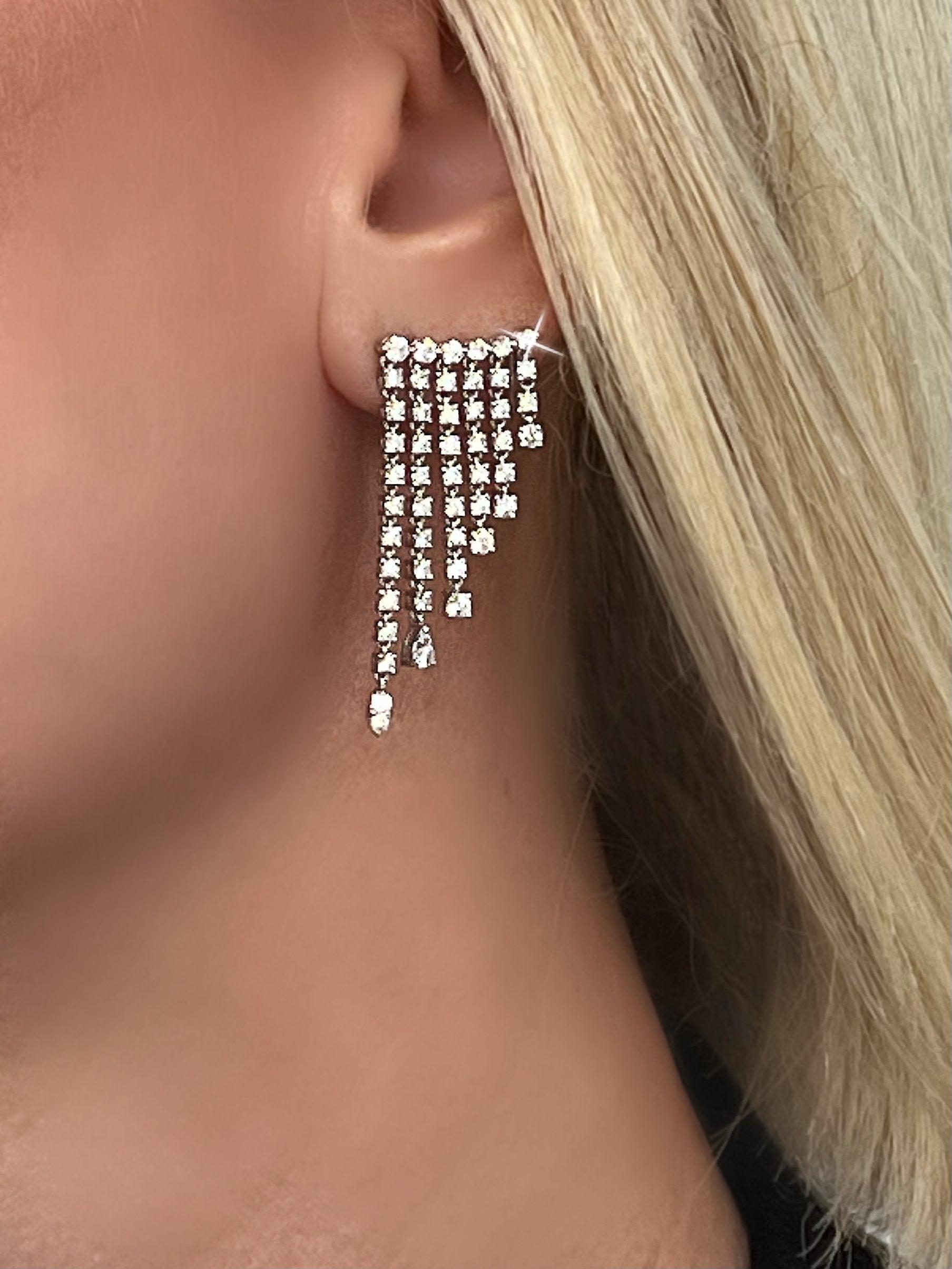 Modern Multi Row White Square 14K Diamond Dangling Earrings For Sale
