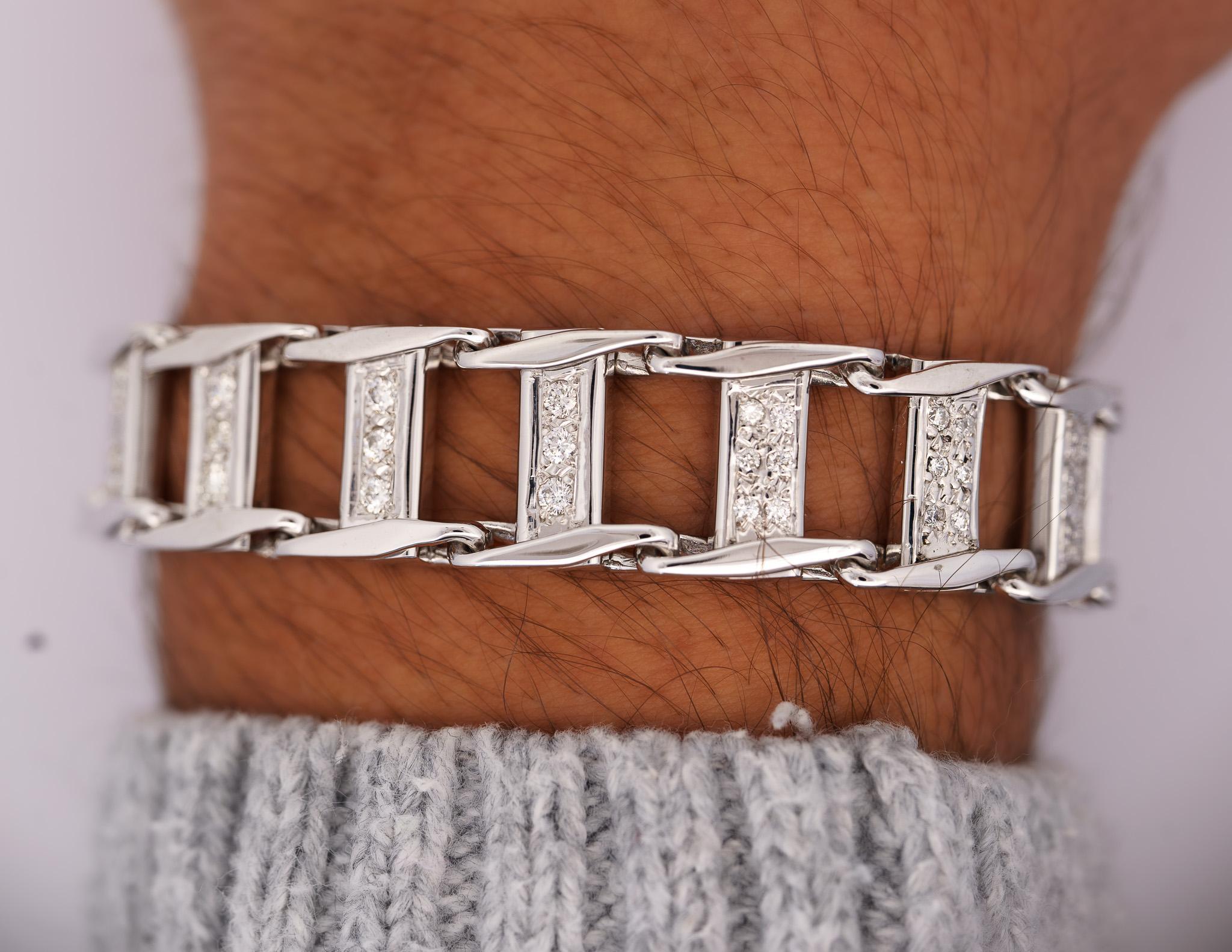 Round Cut 14K White Gold Square Link 2.5 Carat Diamond Men's Bracelet For Sale