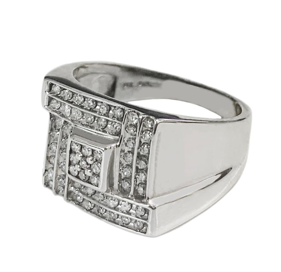 Men's 14k White Gold Square Ring with Diamonds For Sale