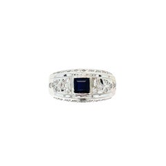 Square Sapphire Scattered Diamond Ring 14k White Gold