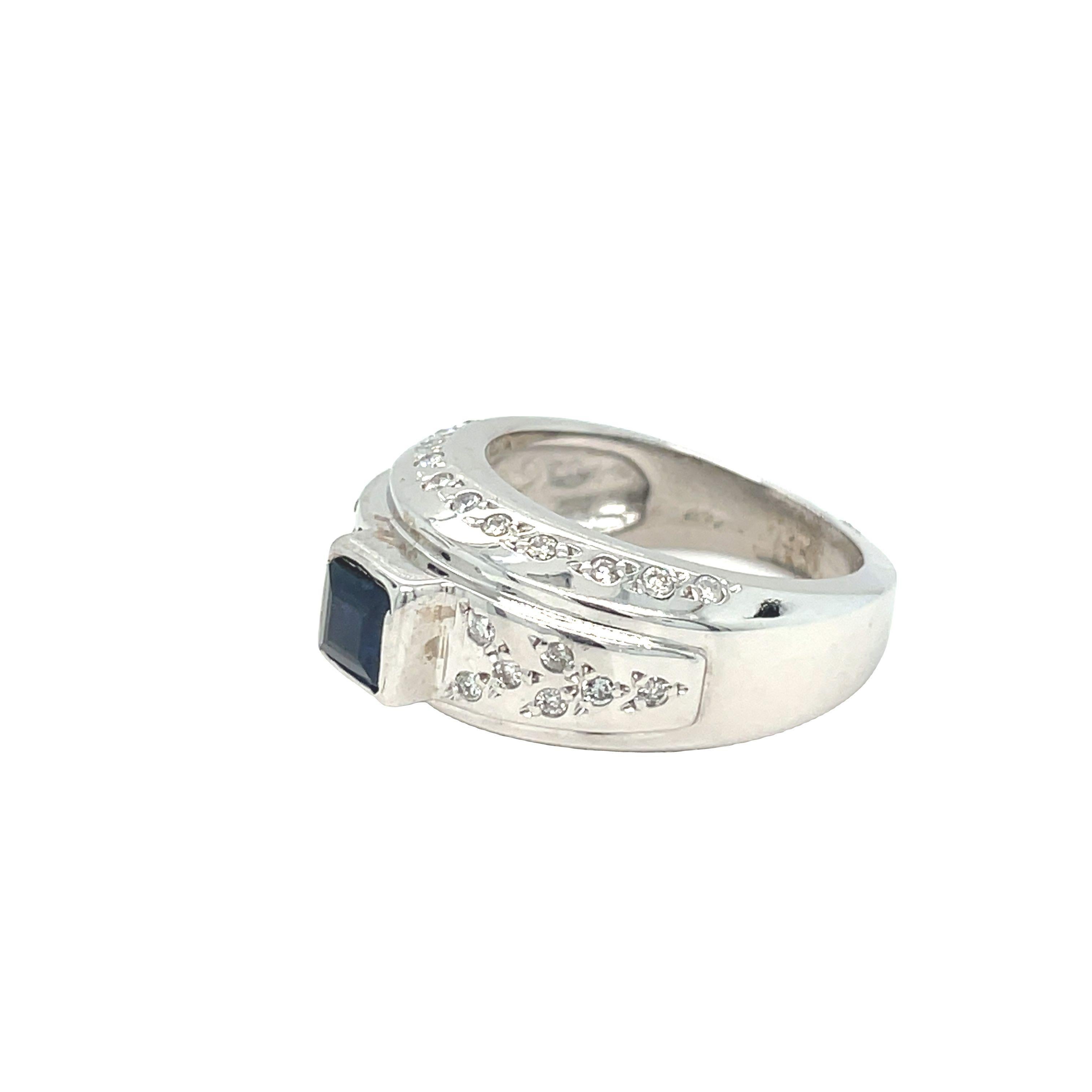 Square Cut Square Sapphire Scattered Diamond Ring 14k White Gold For Sale