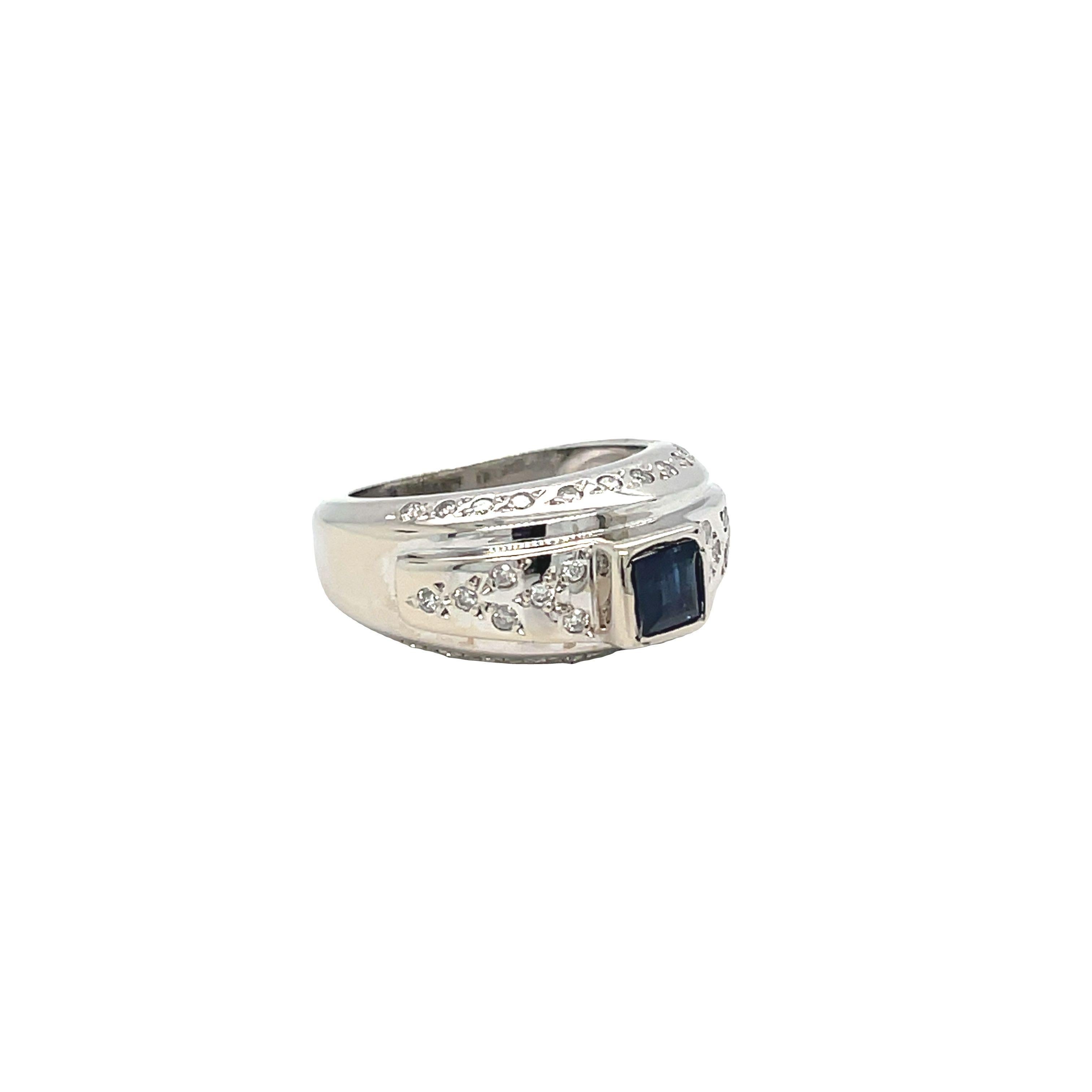 Square Sapphire Scattered Diamond Ring 14k White Gold  For Sale 1