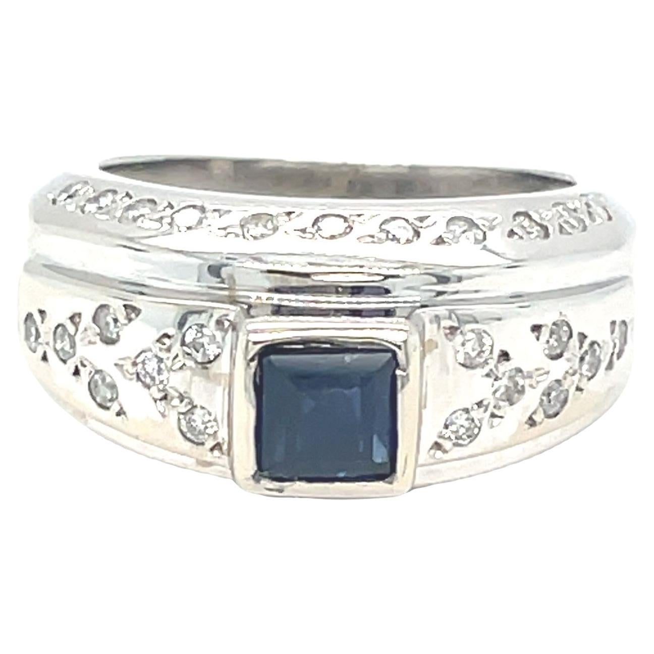 Square Sapphire Scattered Diamond Ring 14k White Gold  For Sale