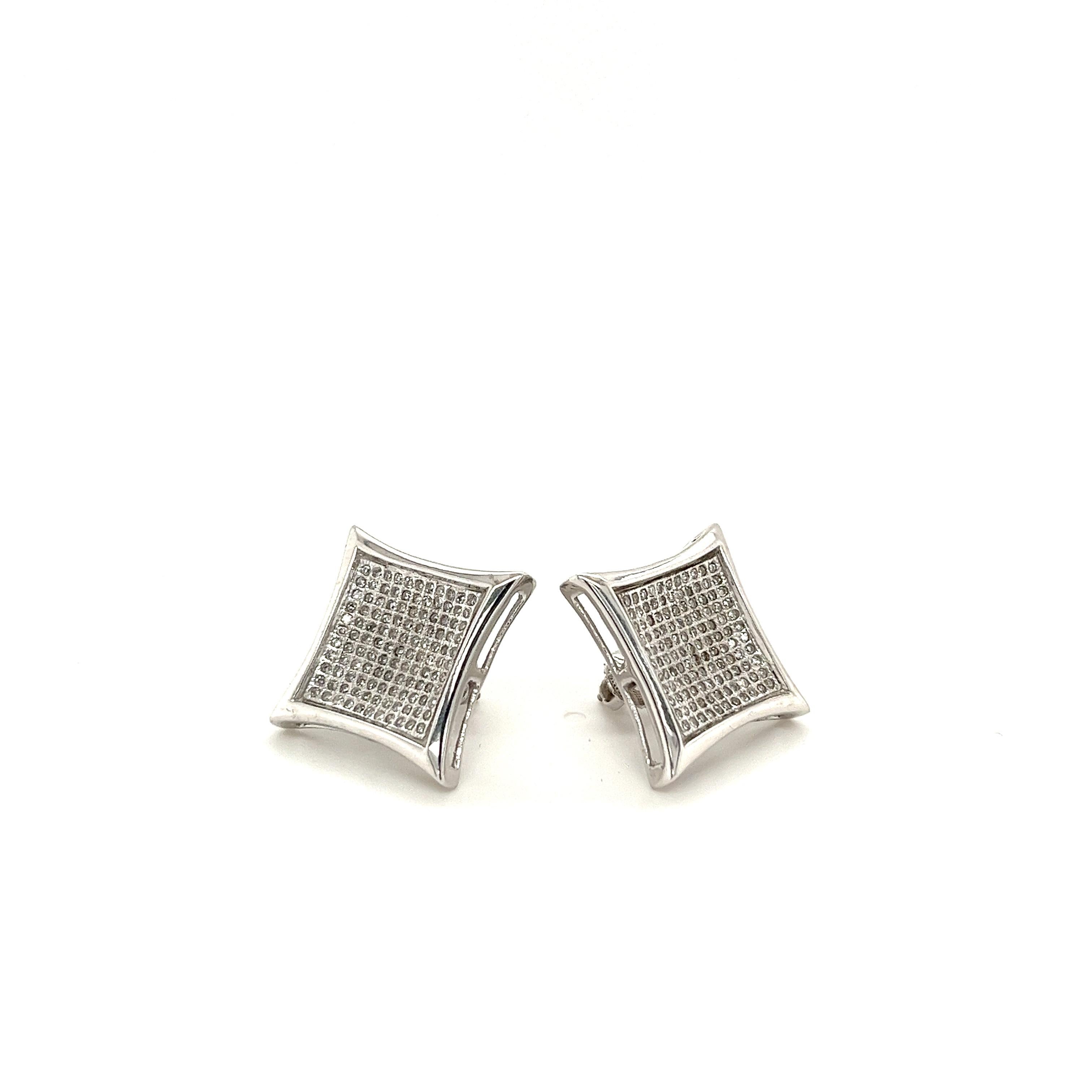 Modern 14K White Gold Square Shaped Diamond Pave Cluster Stud Earrings in Screw Back For Sale