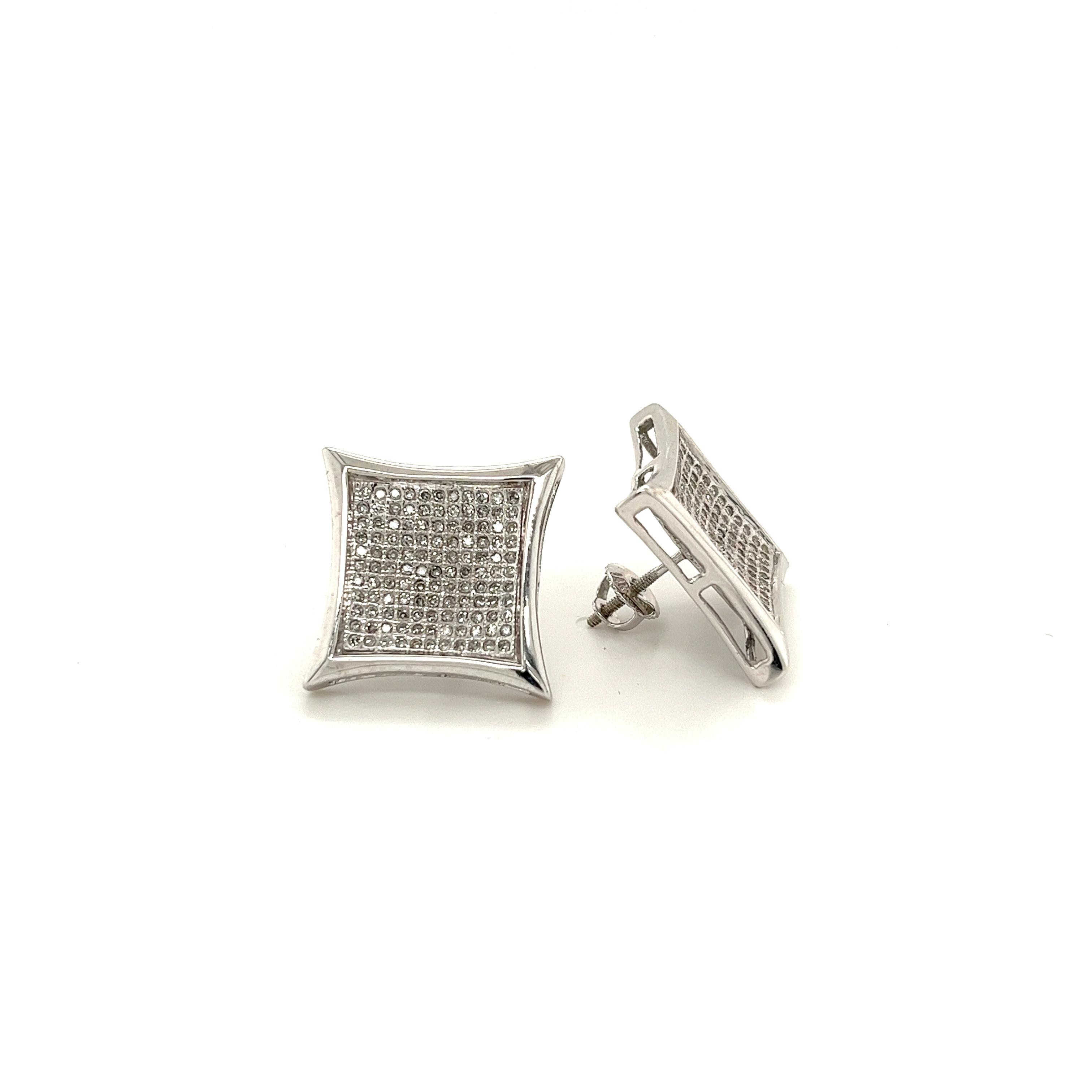 Round Cut 14K White Gold Square Shaped Diamond Pave Cluster Stud Earrings in Screw Back For Sale