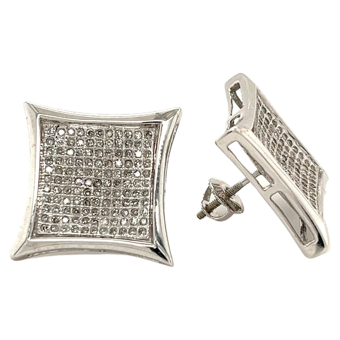 14K White Gold Square Shaped Diamond Pave Cluster Stud Earrings in Screw Back For Sale