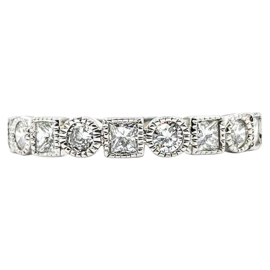 14K White Gold Stackable Band with Round & Princess Cut Diamonds