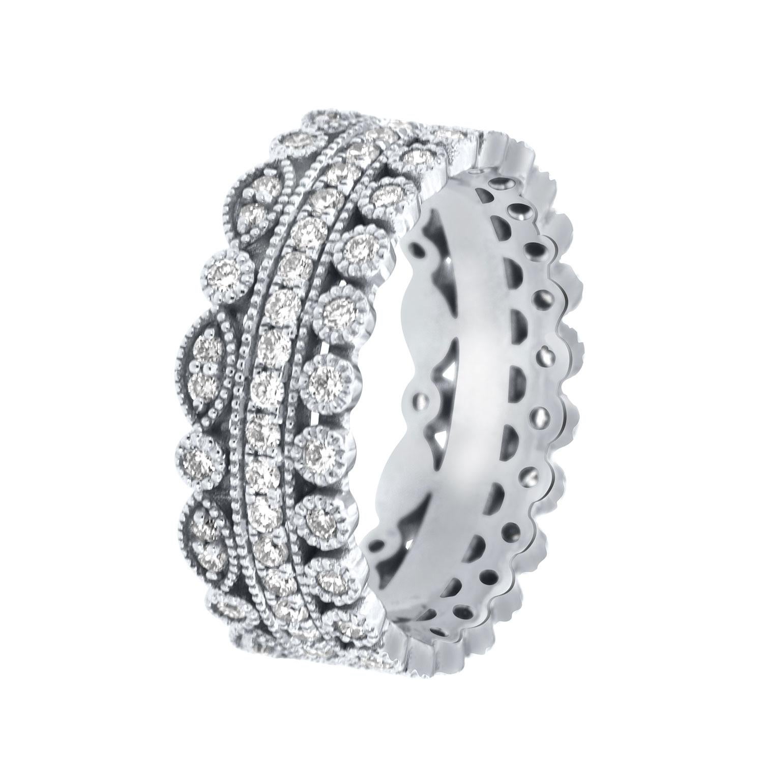 This Antique style stack band features a set of three rings. This vintage ring can be worn individually or as a stack. The diamond weight is 1.00 Carat.

The ring size is 7.5. It's resizable up to 1/2 size up 