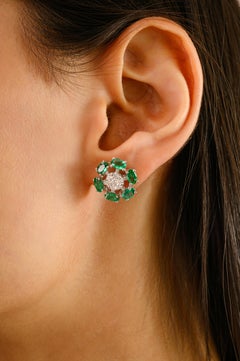 14K White Gold Starburst Stud Earrings Natural Emerald & Diamond Luxury Jewelry