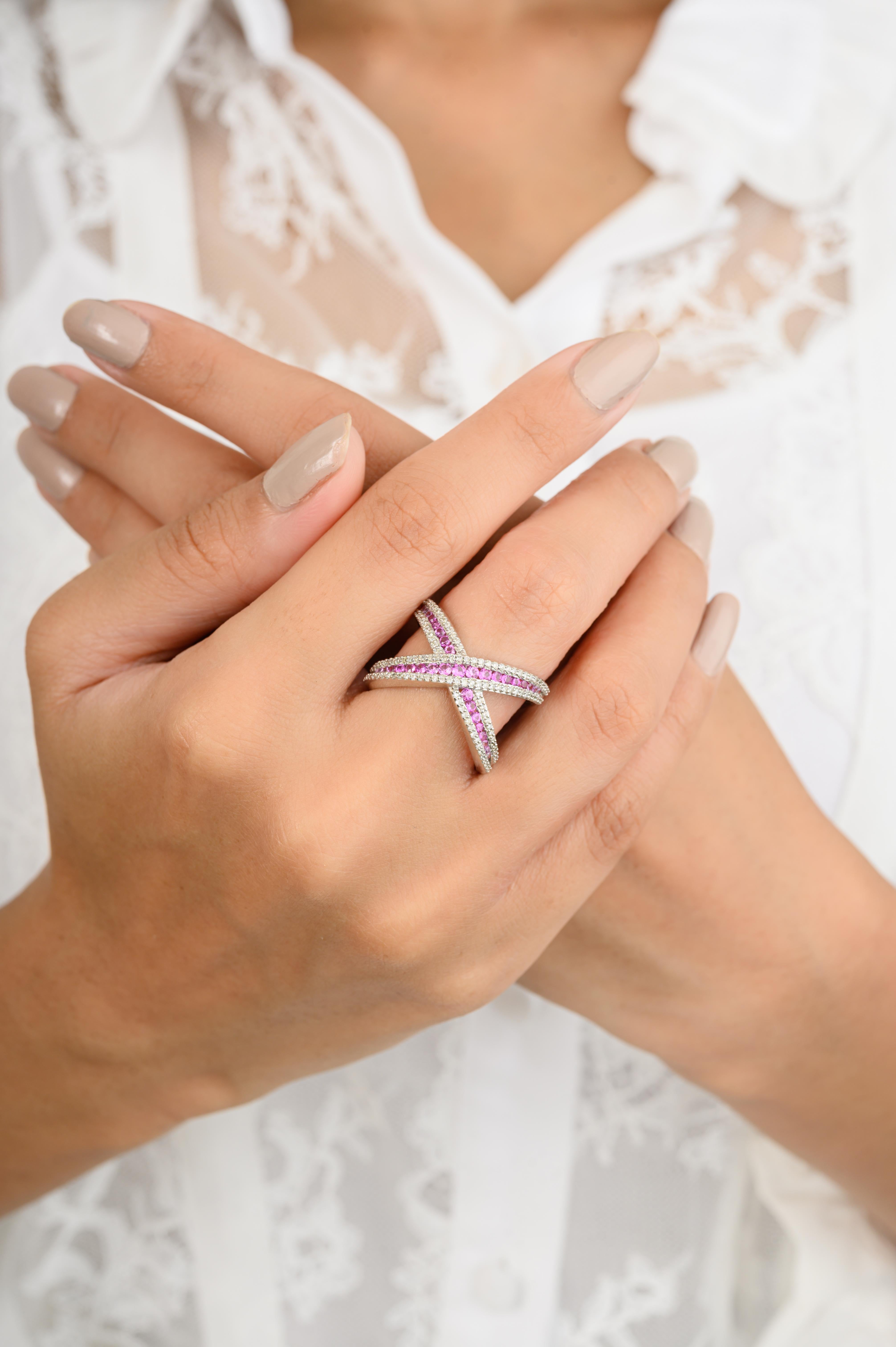 For Sale:  14k White Gold Statement Pink Sapphire Diamond Criss Cross X Ring for Cocktail 2
