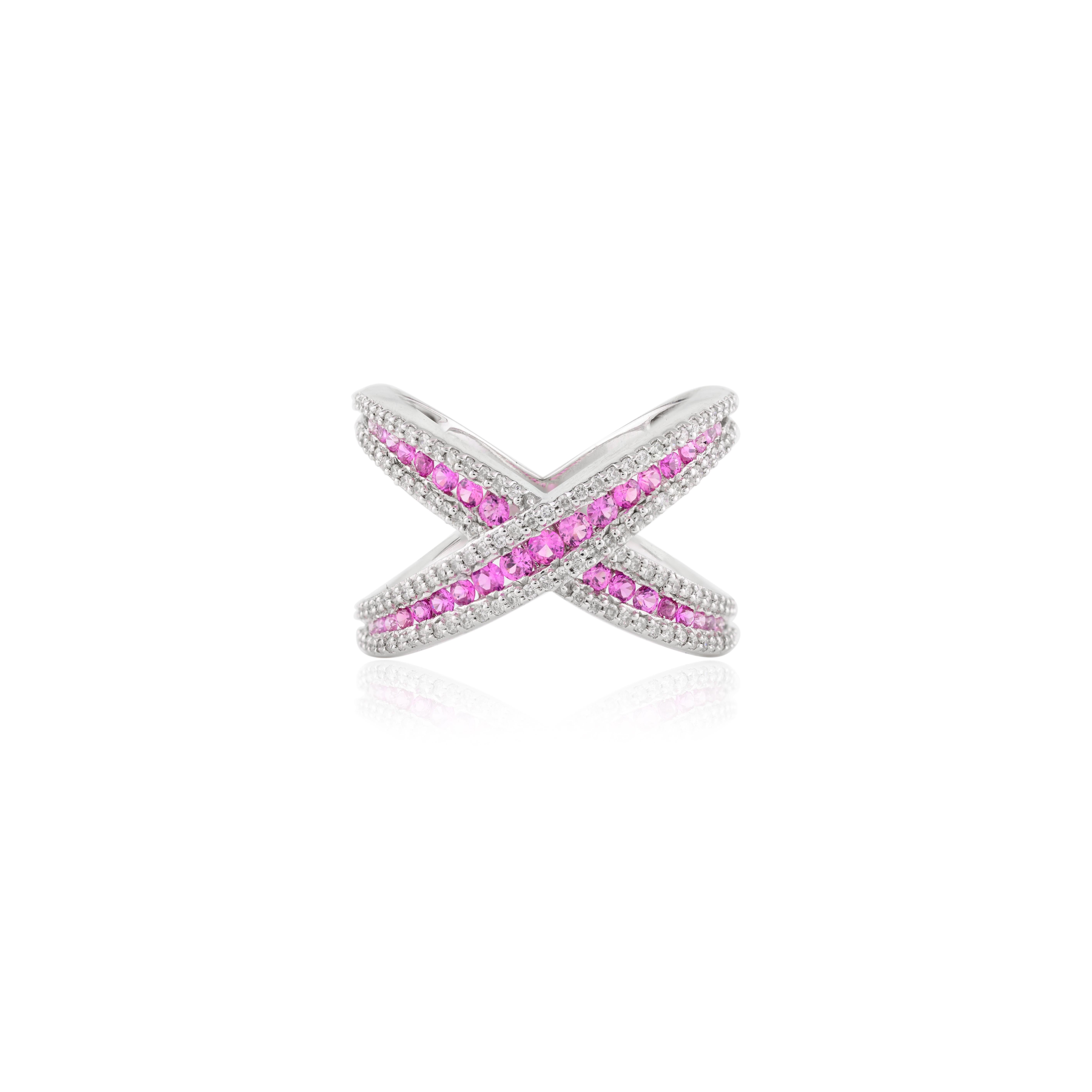 For Sale:  14k White Gold Statement Pink Sapphire Diamond Criss Cross X Ring for Cocktail 3