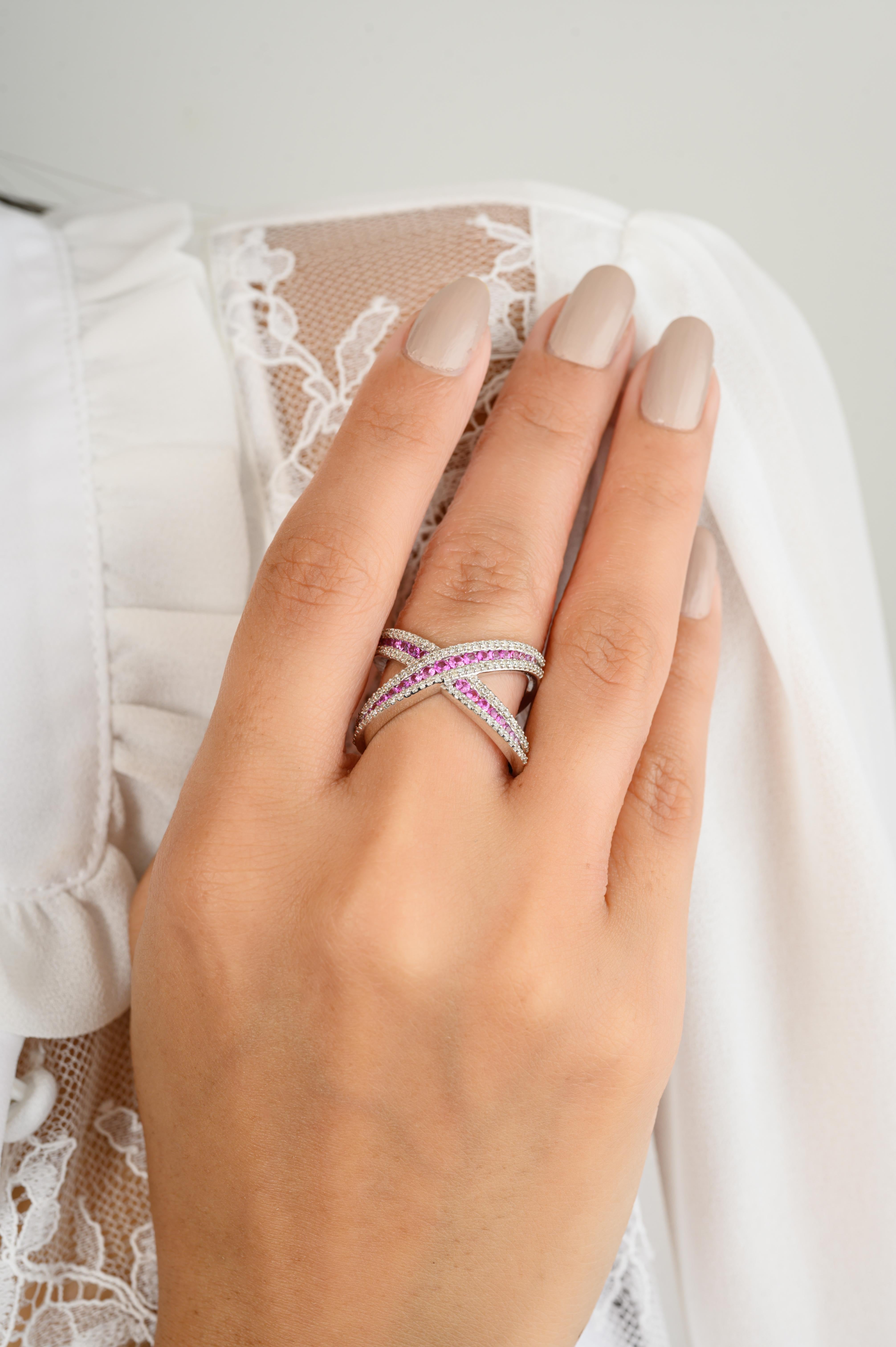 For Sale:  14k White Gold Statement Pink Sapphire Diamond Criss Cross X Ring for Cocktail 6