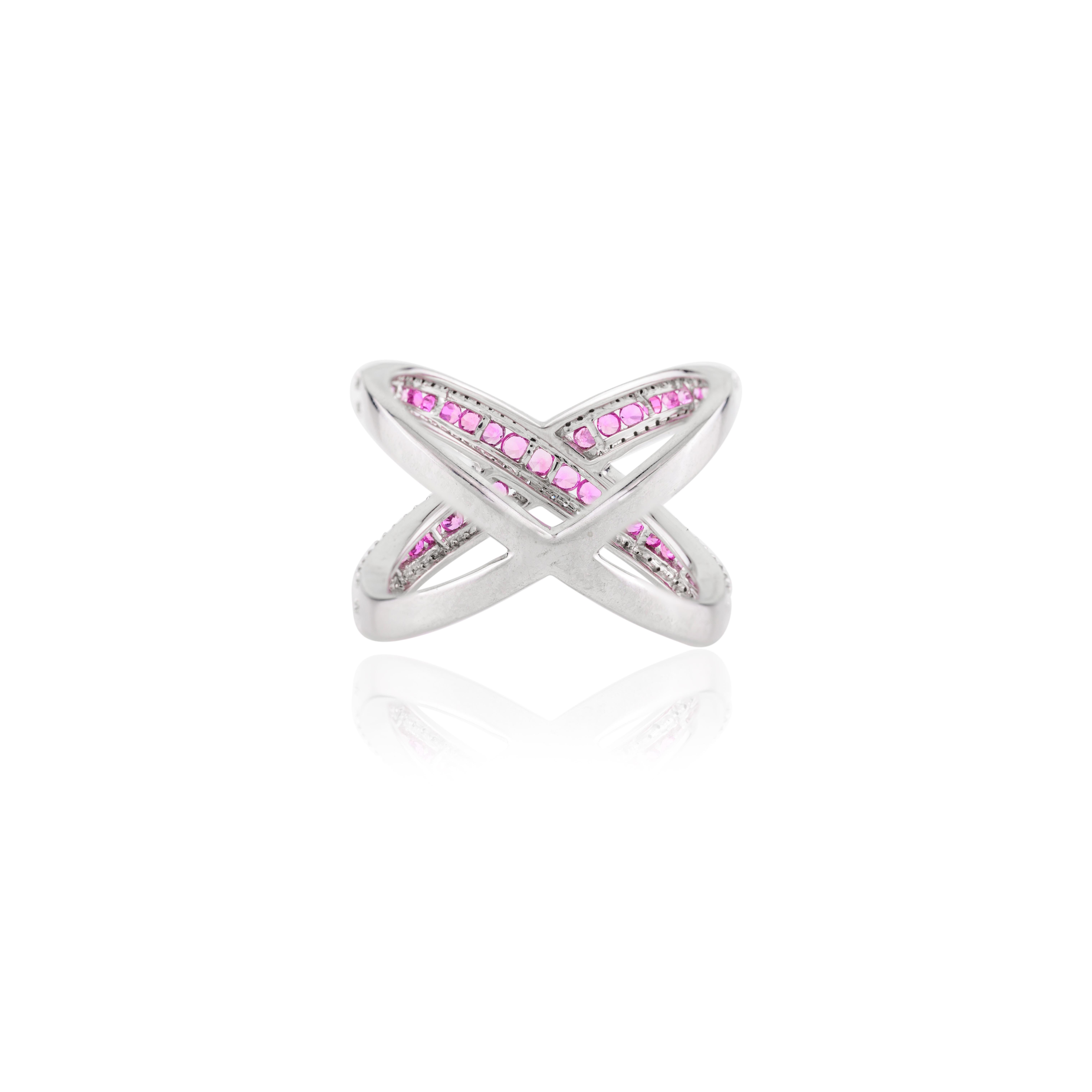 For Sale:  14k White Gold Statement Pink Sapphire Diamond Criss Cross X Ring for Cocktail 7