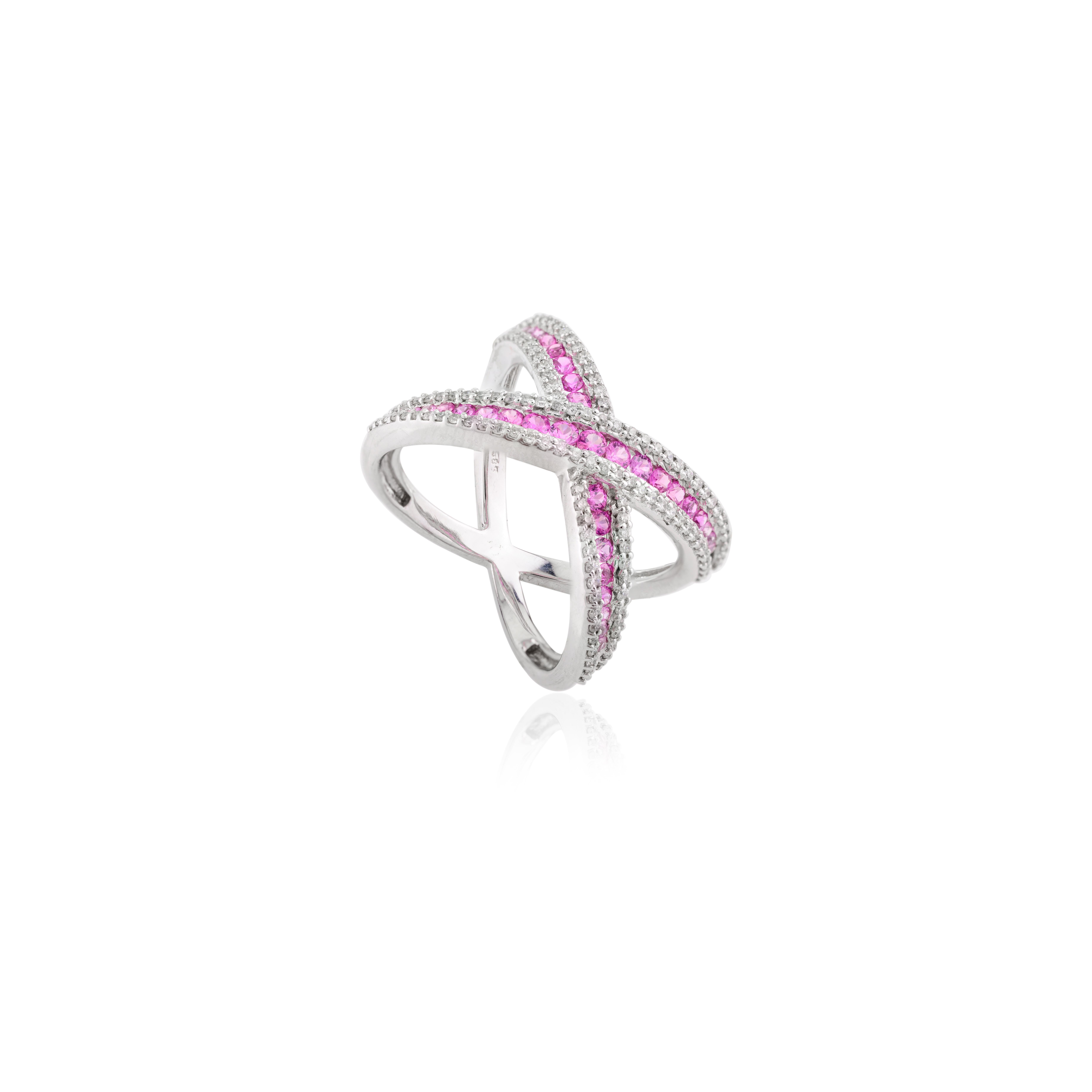 For Sale:  14k White Gold Statement Pink Sapphire Diamond Criss Cross X Ring for Cocktail 8