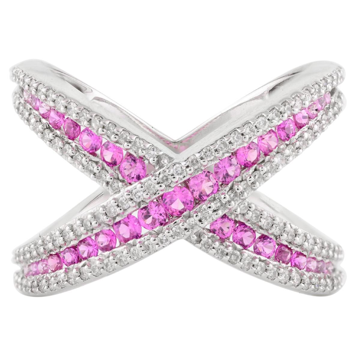 14k White Gold Statement Pink Sapphire Diamond Criss Cross X Ring for Cocktail