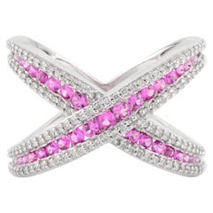 14k Weißgold Statement Rosa Saphir Diamant Criss Cross X Ring für Cocktail