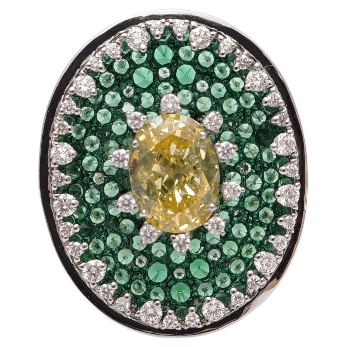 14K White Gold Statement Ring with Citrine, Diamond & Green Sapphire Pavé For Sale