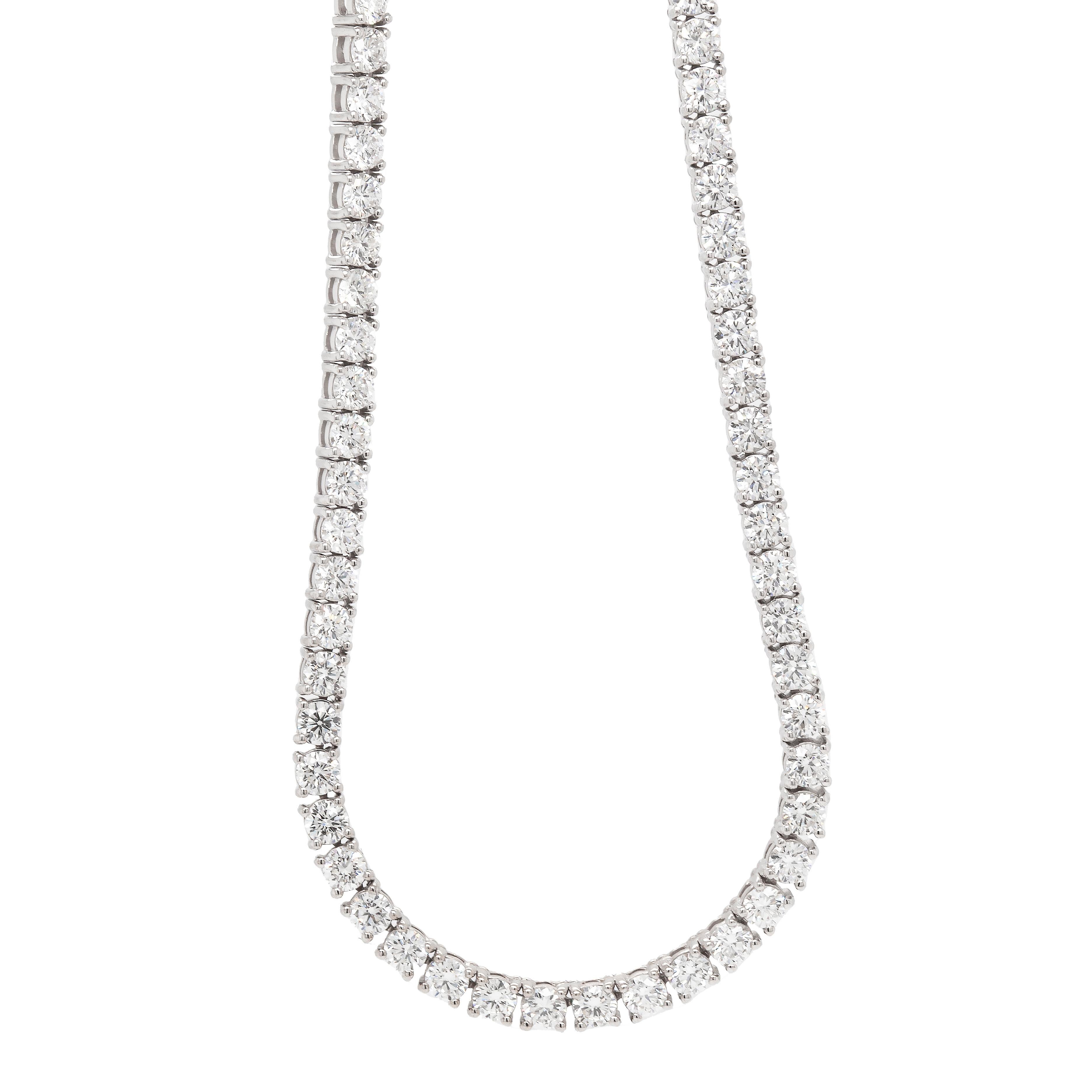 Modern 14K White Gold Straight Line Diamond Tennis Necklace For Sale