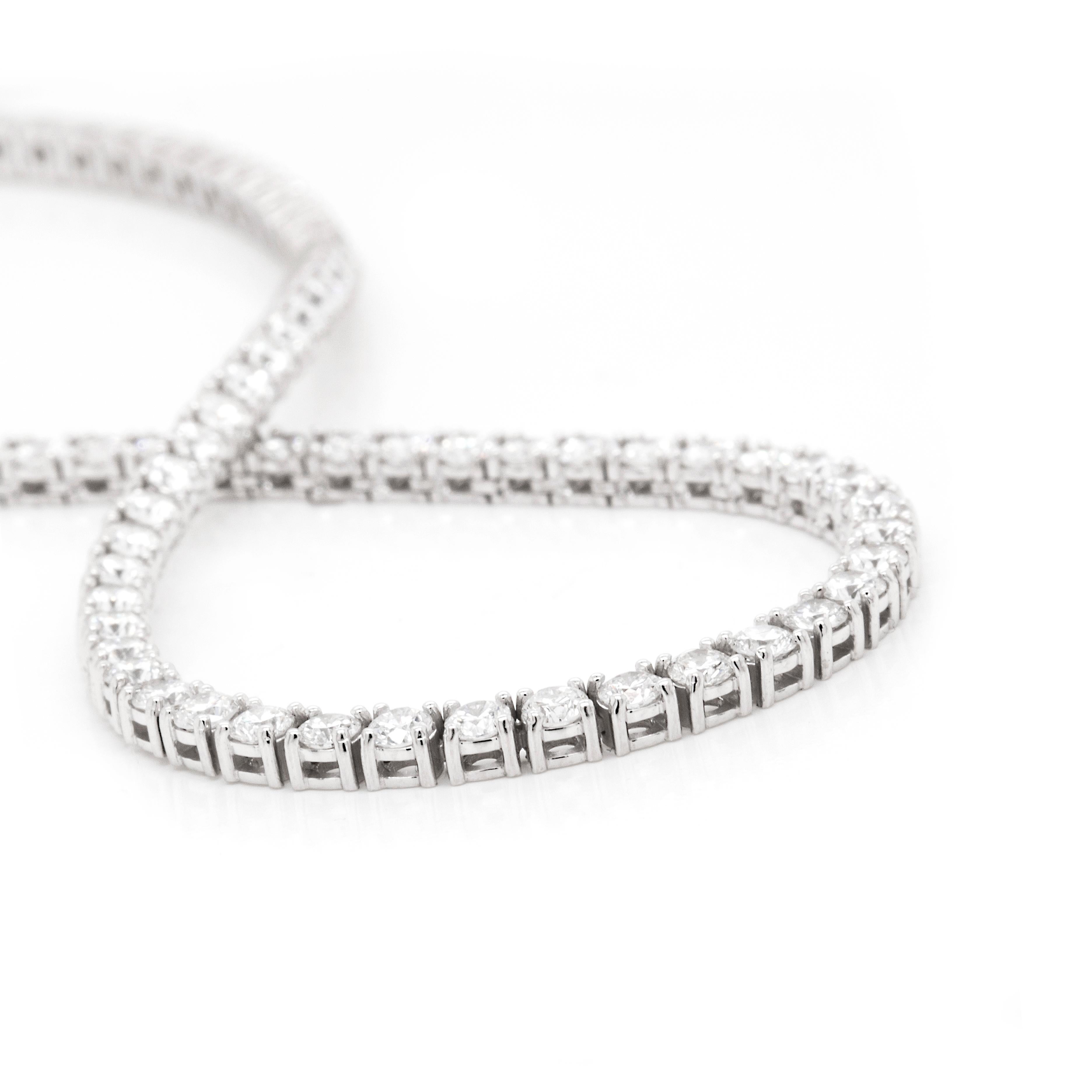 Brilliant Cut 14K White Gold Straight Line Diamond Tennis Necklace For Sale