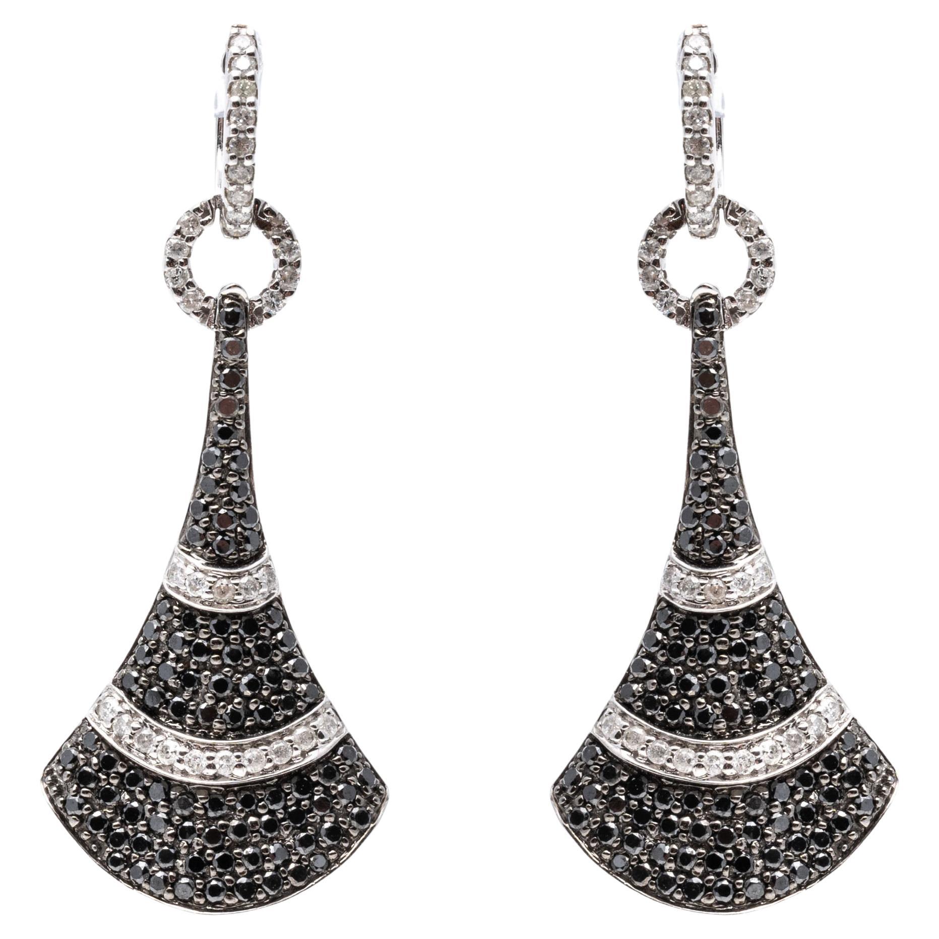14k White Gold Striking Black and White Diamond Drop Fan Earrings, 1.94tcw For Sale