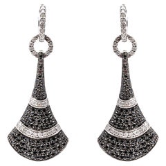 14k White Gold Striking Black and White Diamond Drop Fan Earrings, 1.94tcw