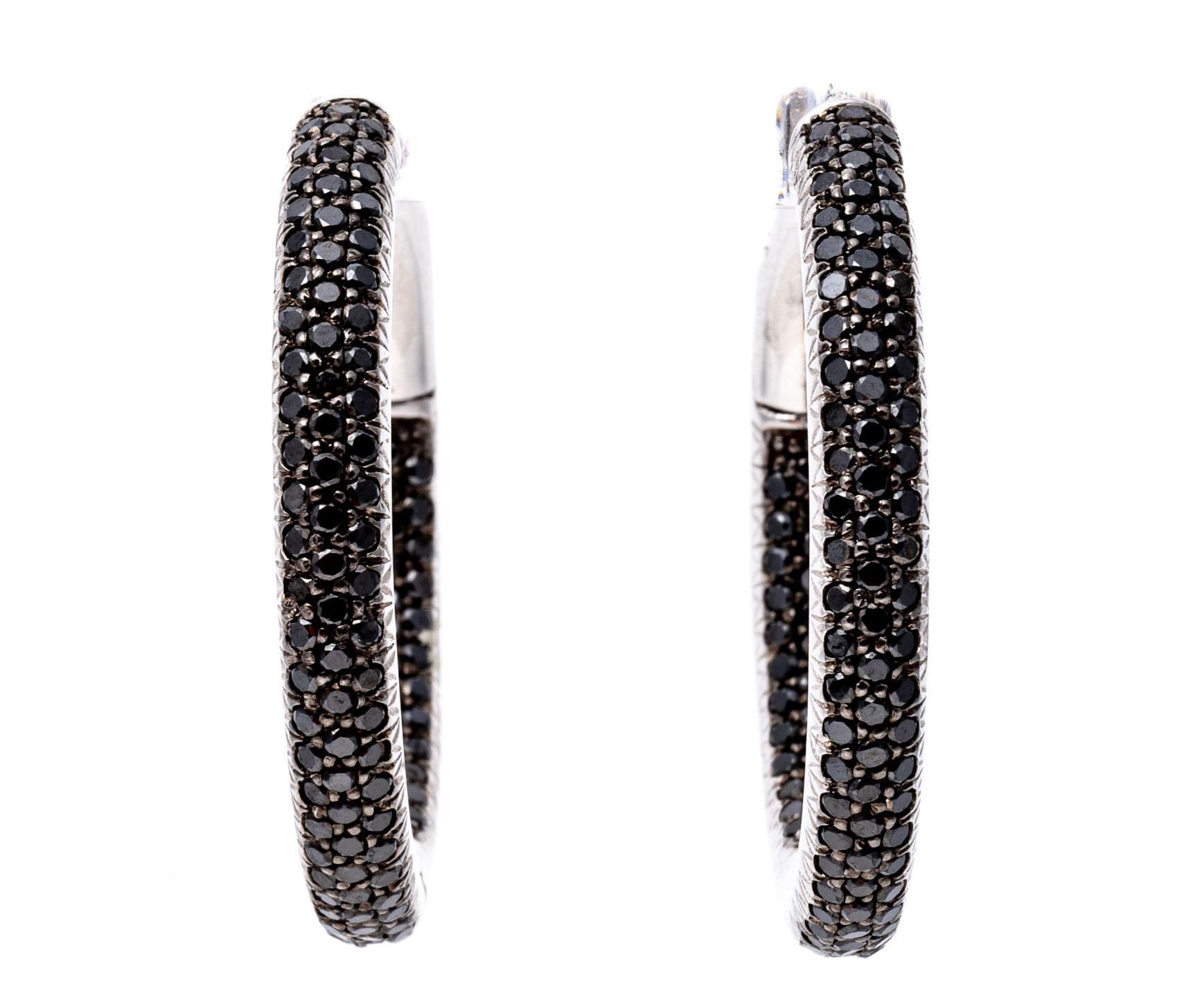 Round Cut 14k White Gold Stunning Pave Set Black Diamond Round Hoop Earrings, 2.85 TCW For Sale