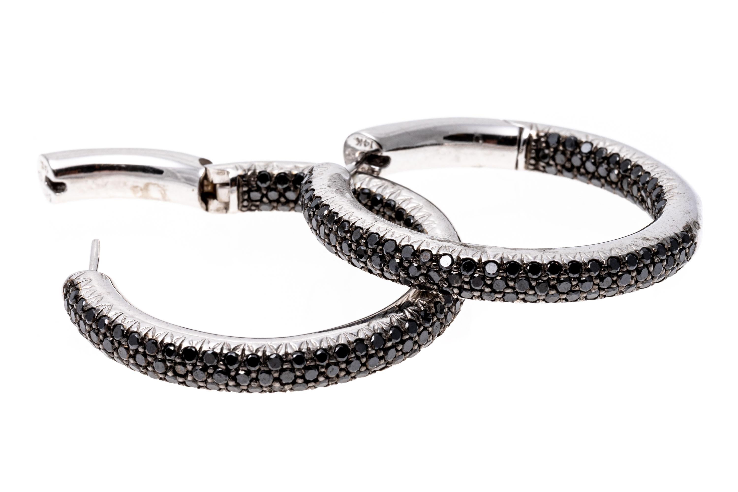 Women's 14k White Gold Stunning Pave Set Black Diamond Round Hoop Earrings, 2.85 TCW For Sale