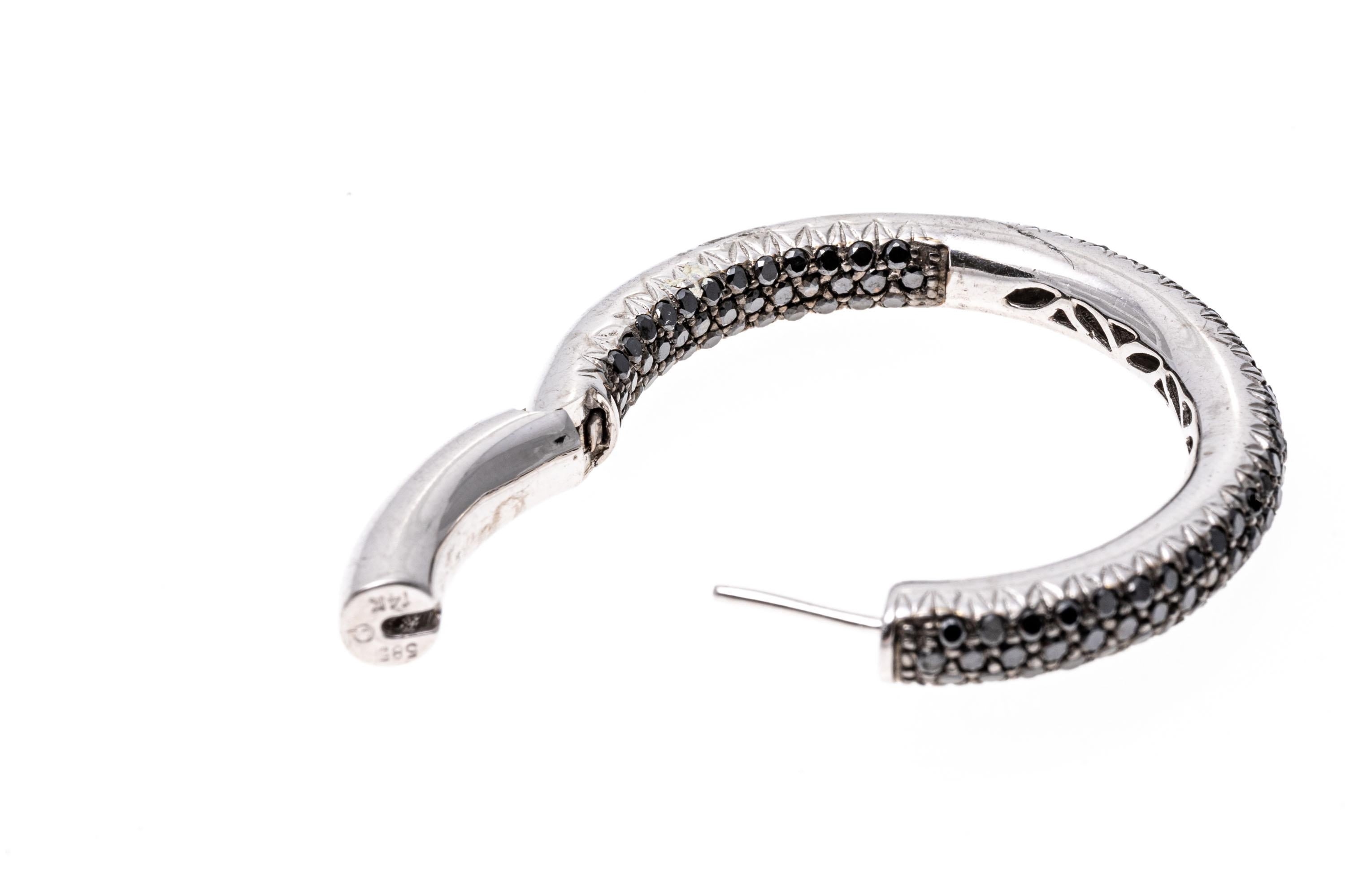 14k White Gold Stunning Pave Set Black Diamond Round Hoop Earrings, 2.85 TCW For Sale 2