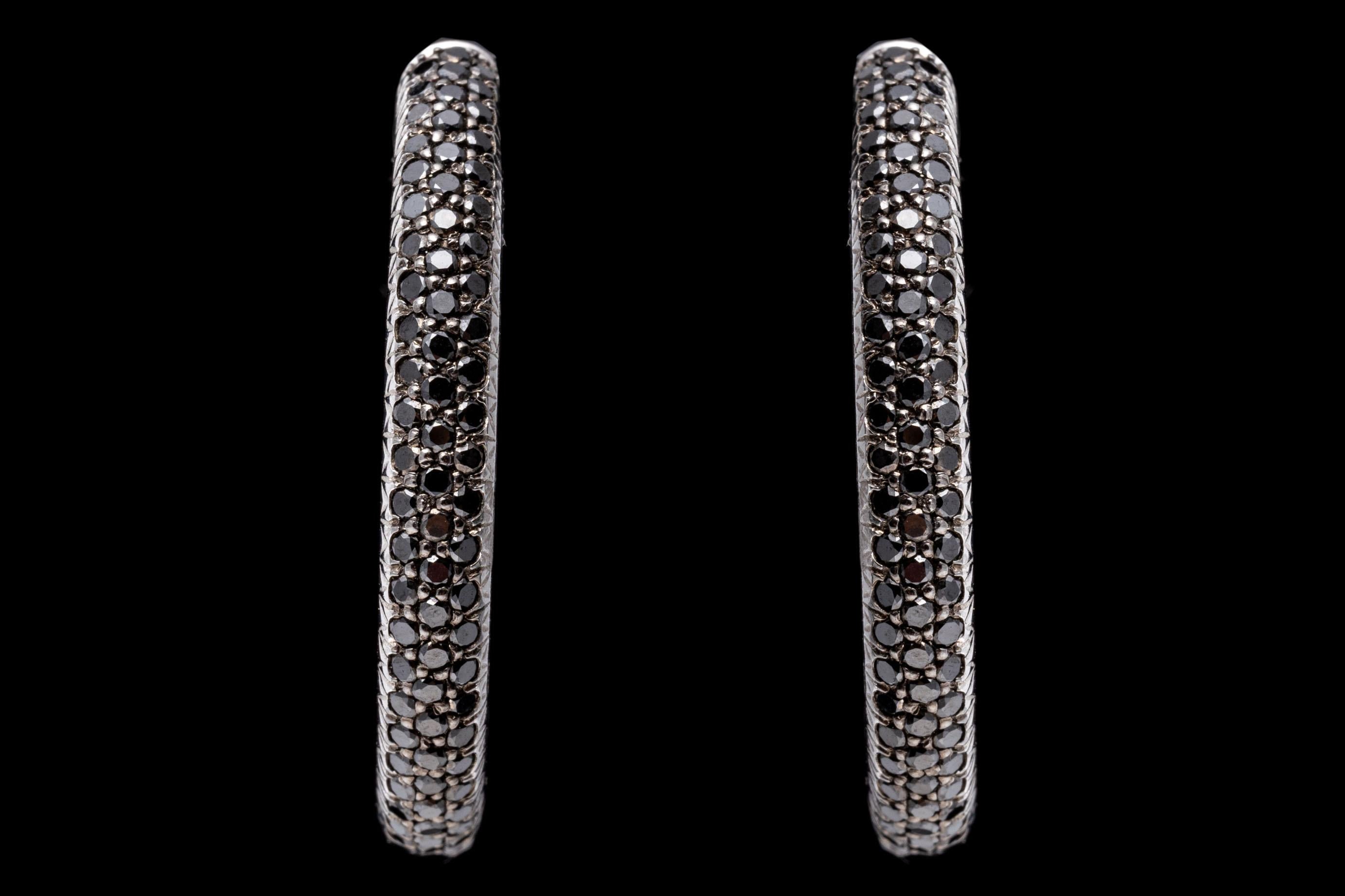 14k White Gold Stunning Pave Set Black Diamond Round Hoop Earrings, 2.85 TCW For Sale 3