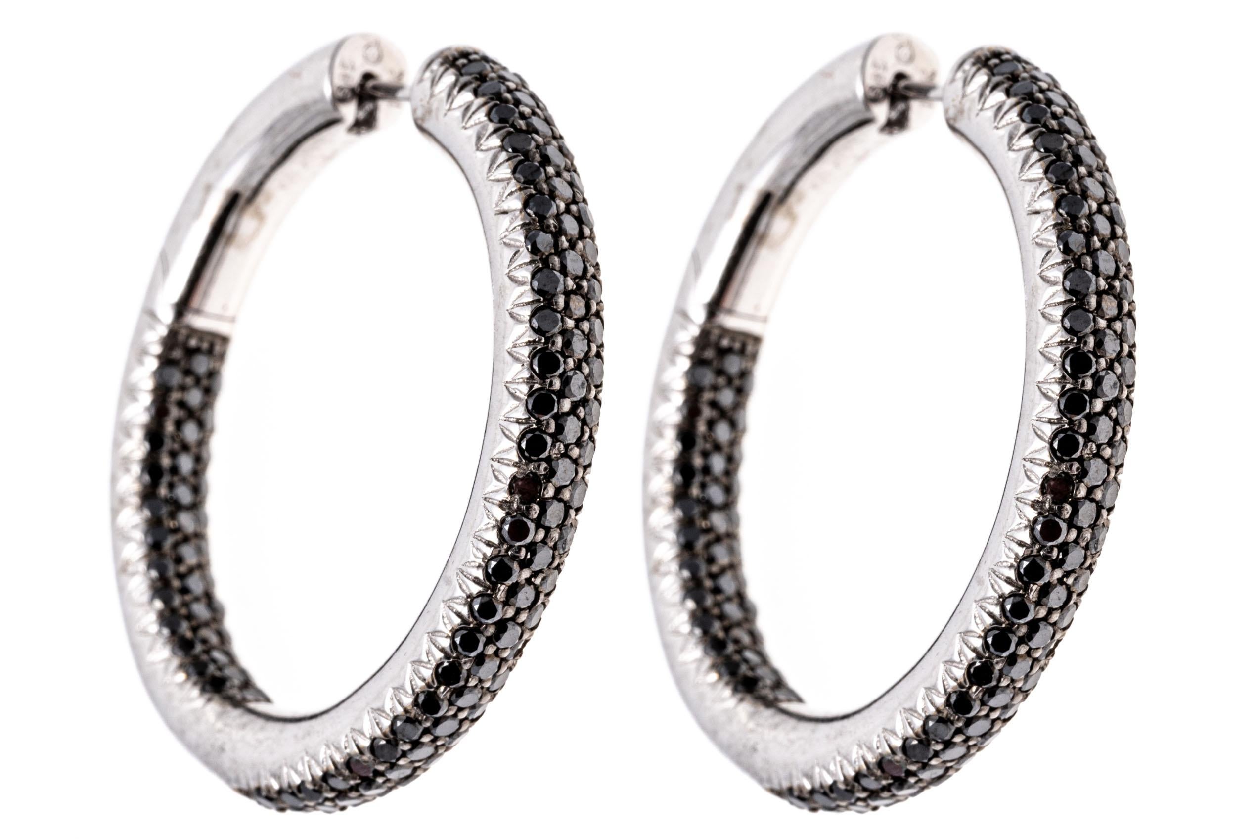 14k White Gold Stunning Pave Set Black Diamond Round Hoop Earrings, 2.85 TCW For Sale 4