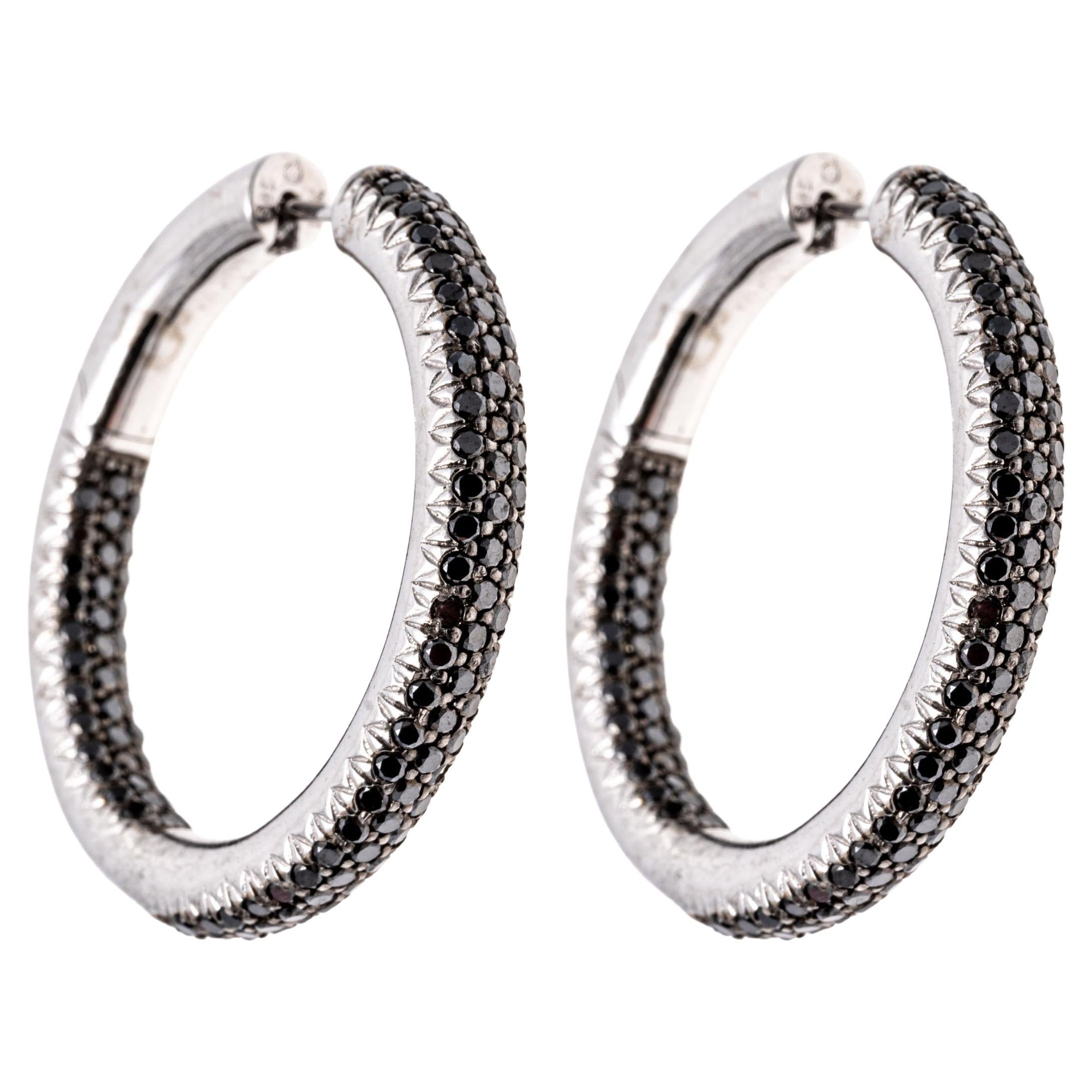 14k White Gold Stunning Pave Set Black Diamond Round Hoop Earrings, 2.85 TCW For Sale