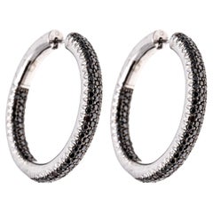 14k White Gold Stunning Pave Set Black Diamond Round Hoop Earrings, 2.85 TCW