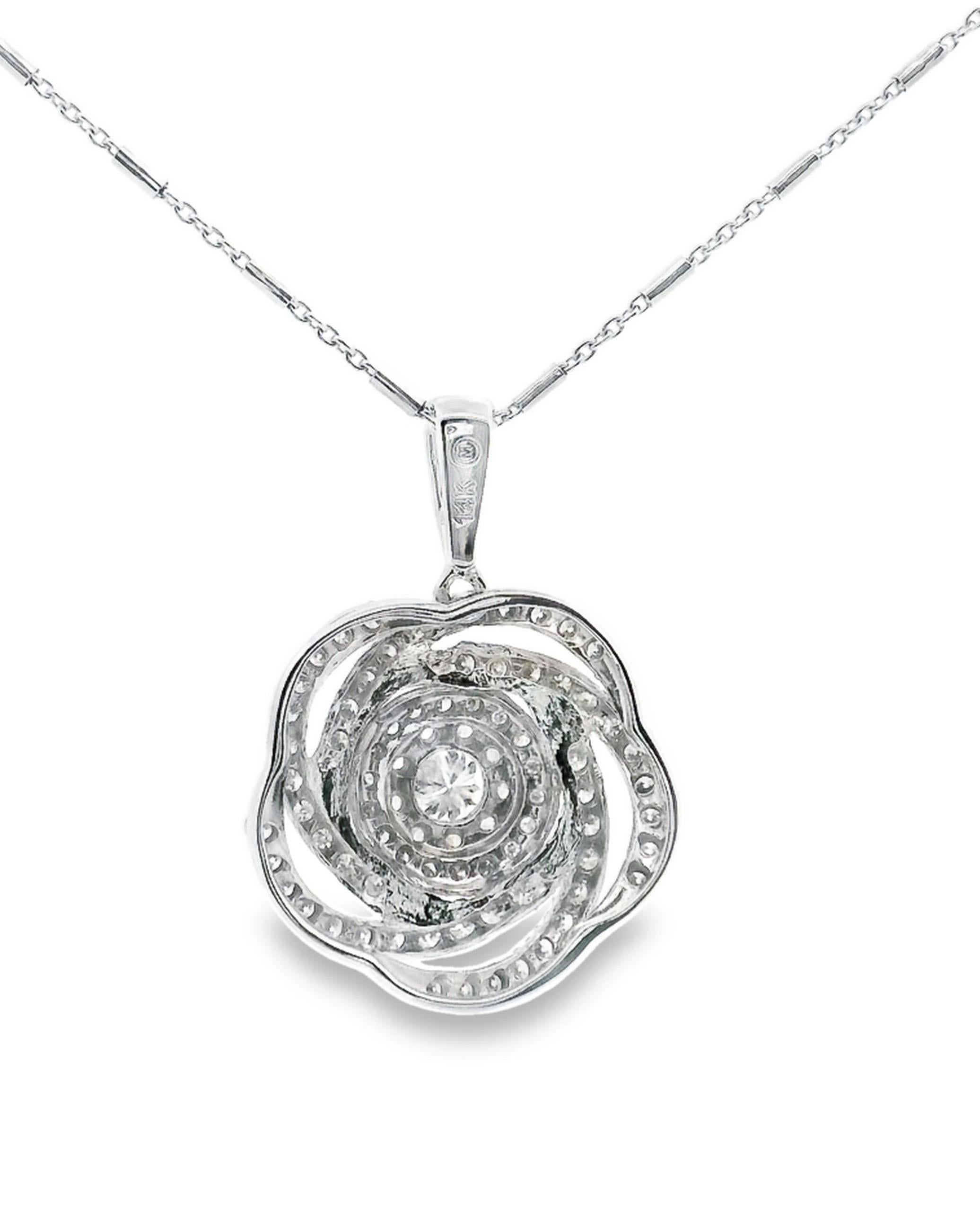 Round Cut 14K White Gold Swirl Floral Pendant Necklace For Sale