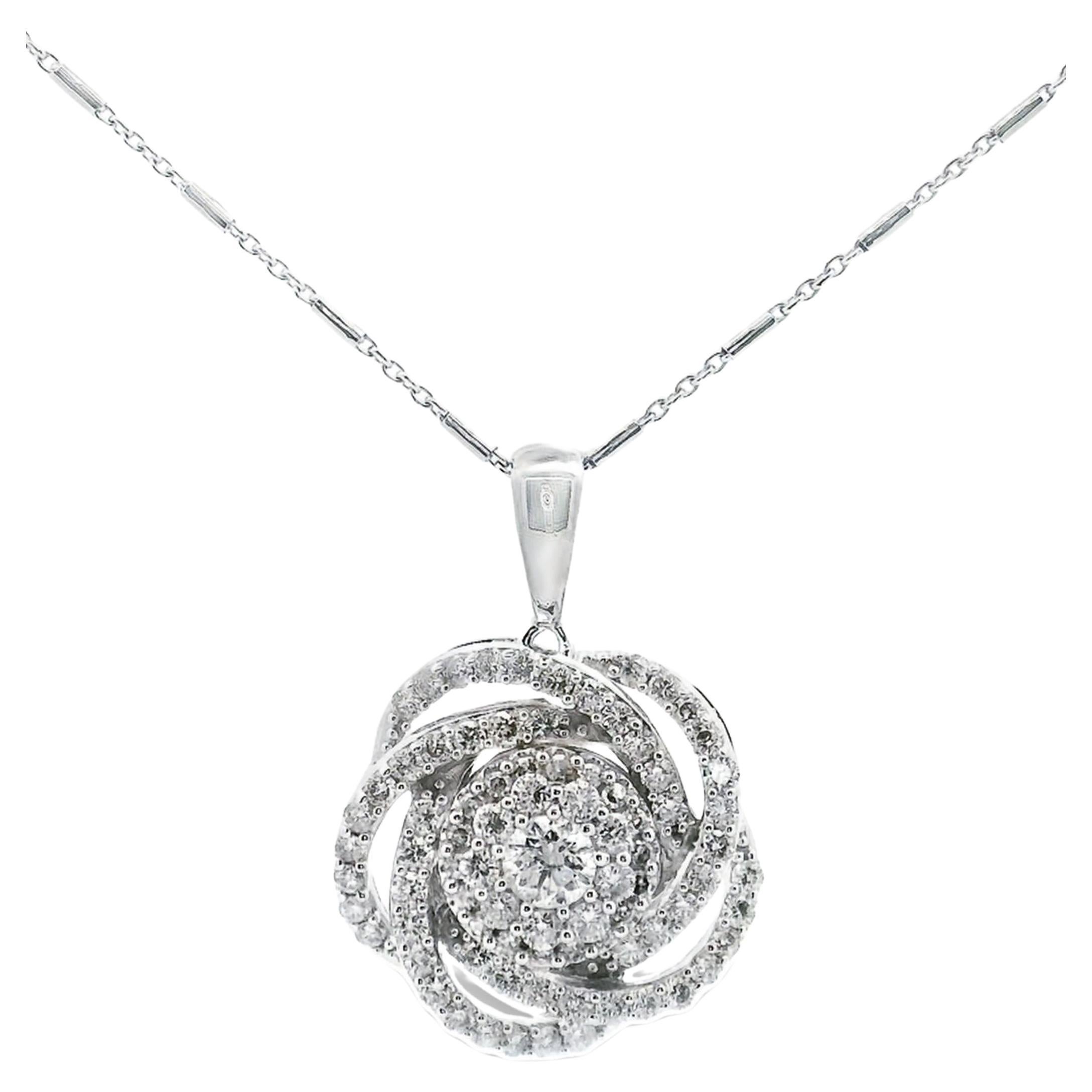 14K White Gold Swirl Floral Pendant Necklace For Sale