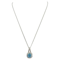 14k White Gold Swizz Blue Topaz and Diamond Pendant Necklace 18"