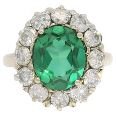 14K White Gold Synthetic Oval Shape Emerald & Natural Diamond Halo Ring In Stock