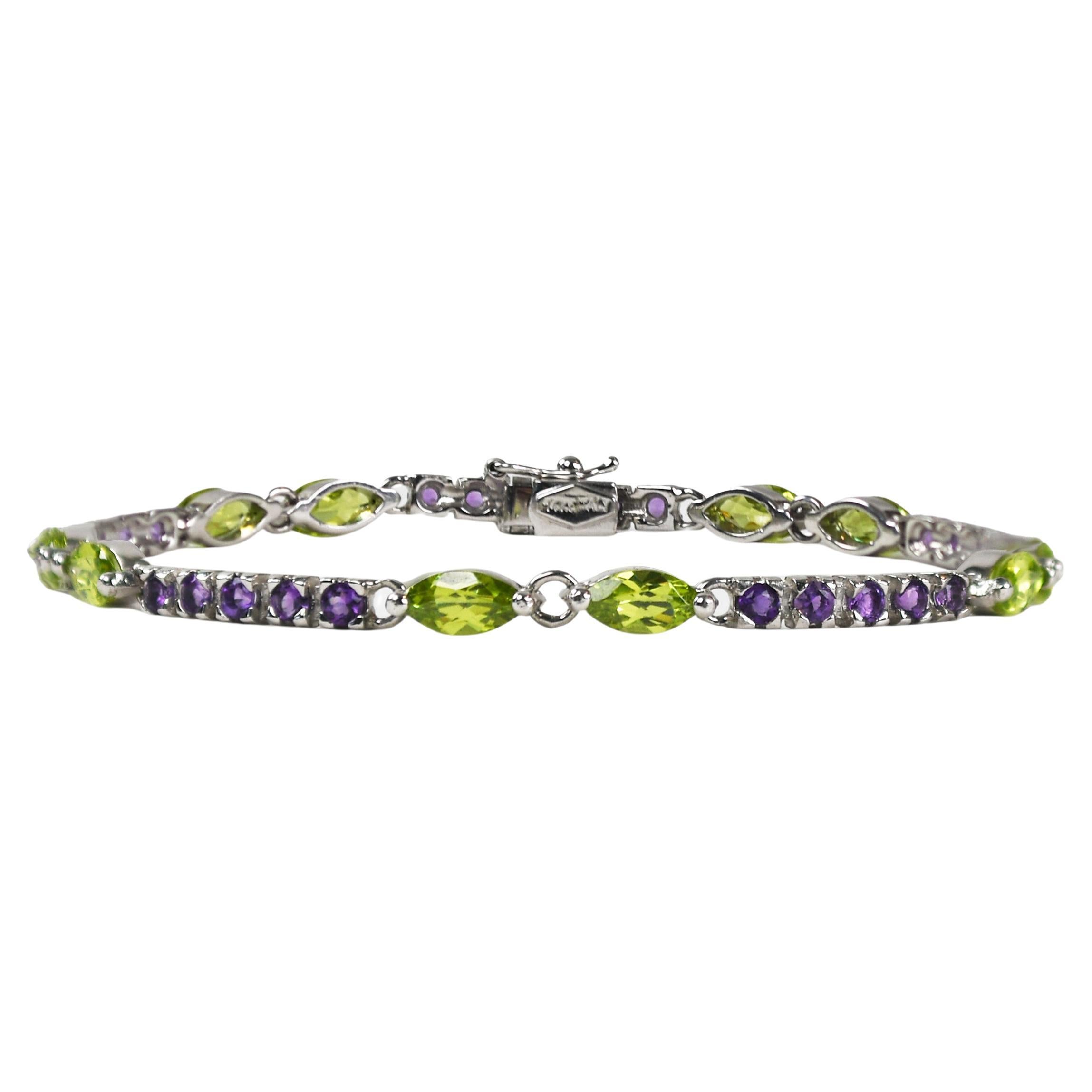14K White Gold Synthetic Peridot & Amethyst Bracelet 10.7g