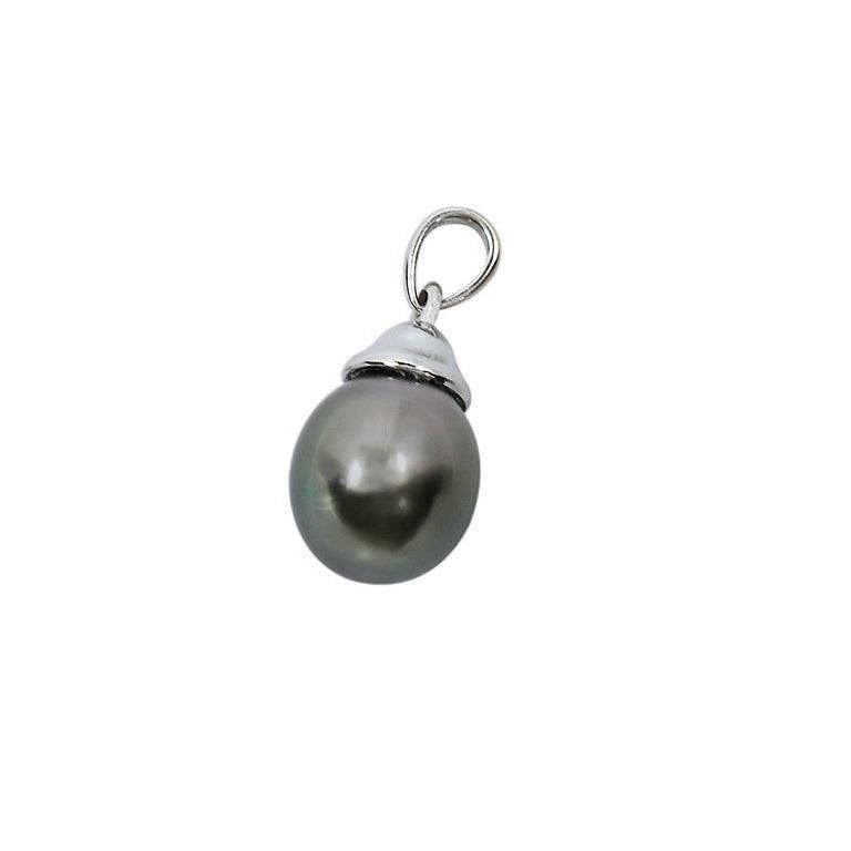 14k White Gold Tahitian Cultured Black Pearl Drop Pendant For Sale at