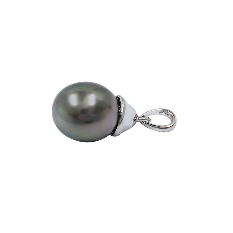 Modern 14k White Gold Tahitian Cultured Black Pearl Drop Pendant For Sale