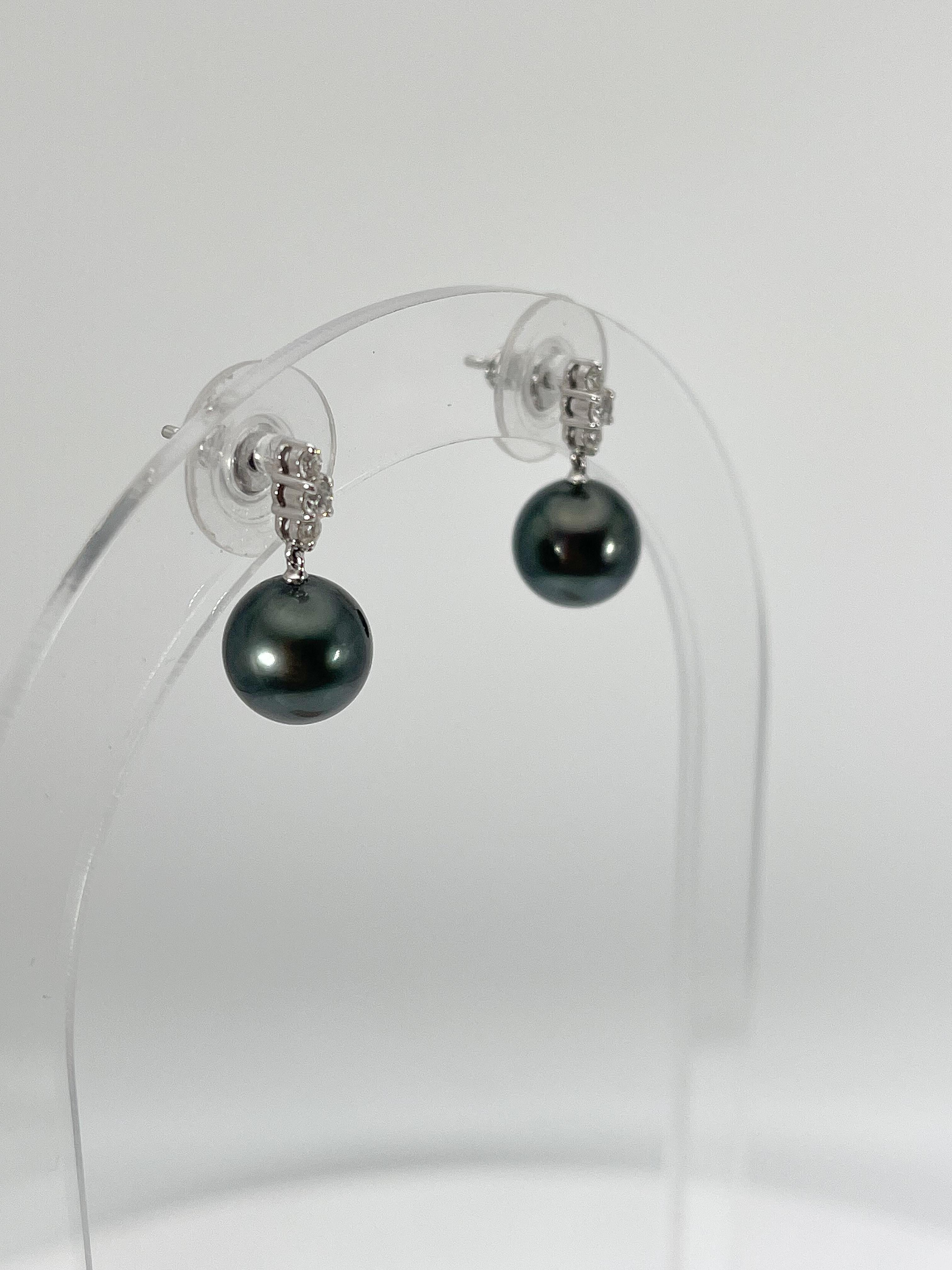 Bead 14K White Gold Tahitian Pearl and .15 CTW Diamond Earrings For Sale