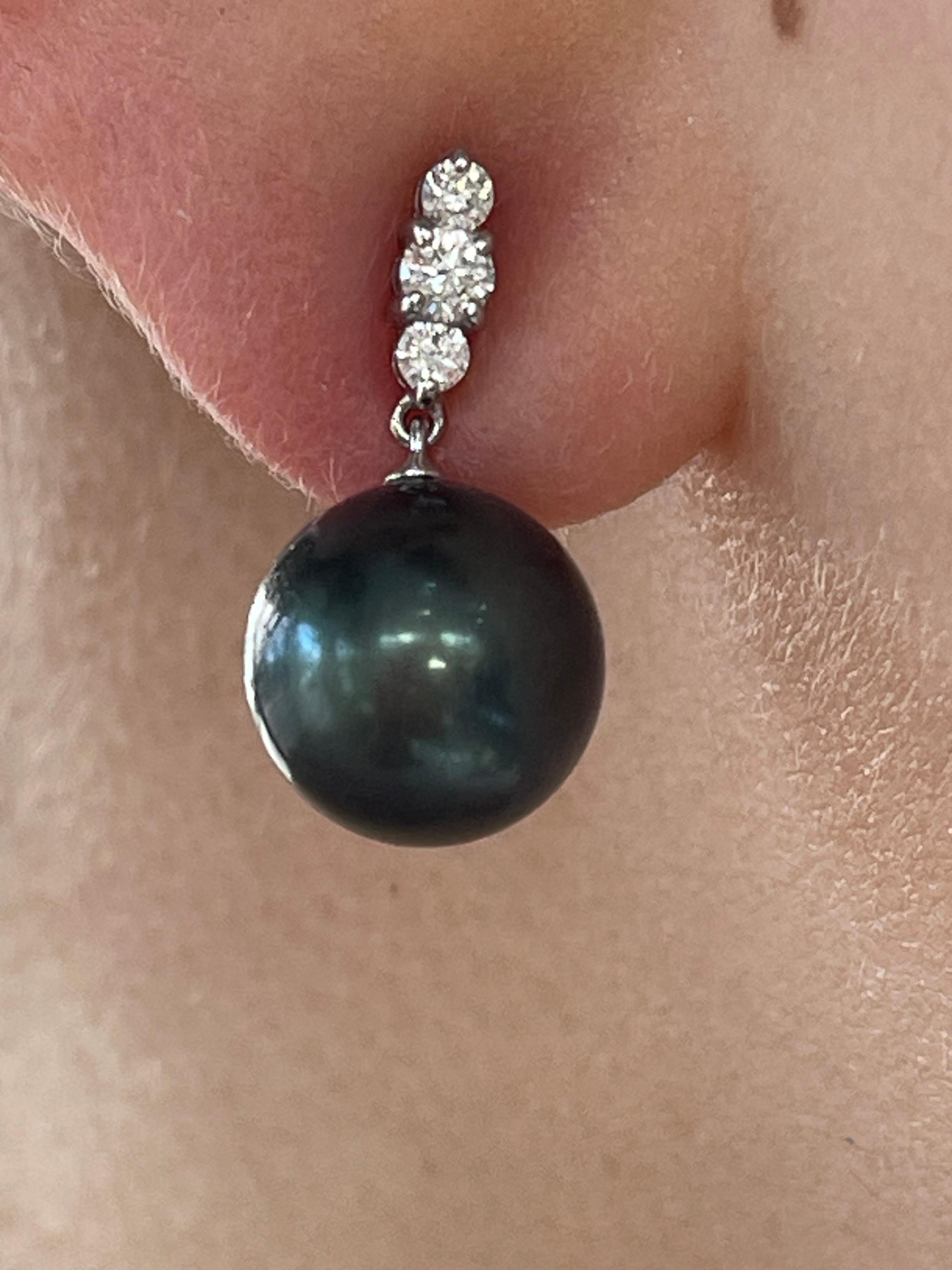 Women's 14K White Gold Tahitian Pearl and .15 CTW Diamond Earrings For Sale