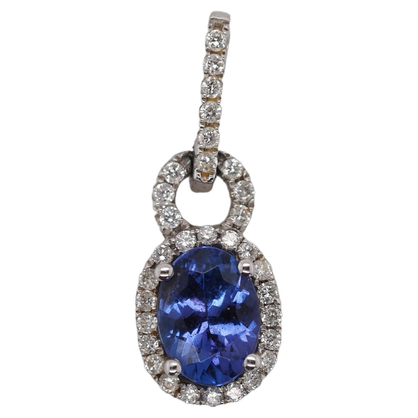 14k White Gold Tanzanite and Diamond Halo Pendant